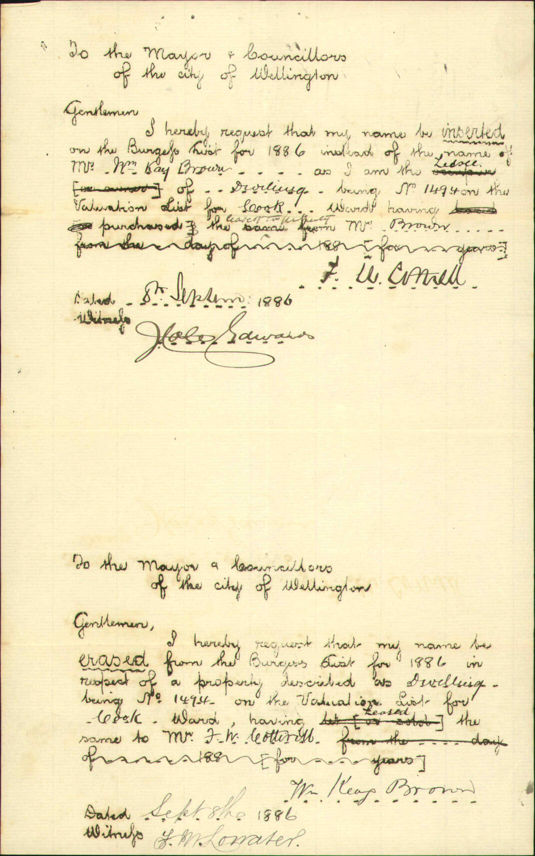 Application to be placed on Burgess Roll - F W Cottrell