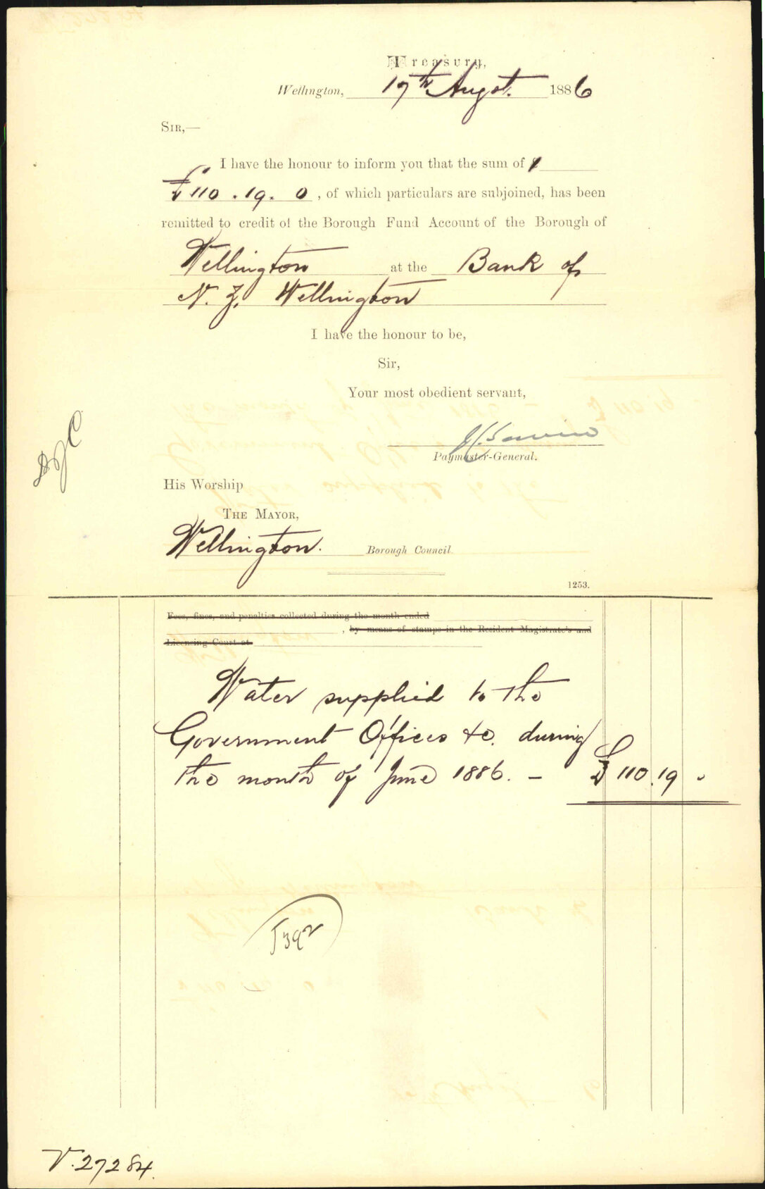 Advising payment of water account - Treasury