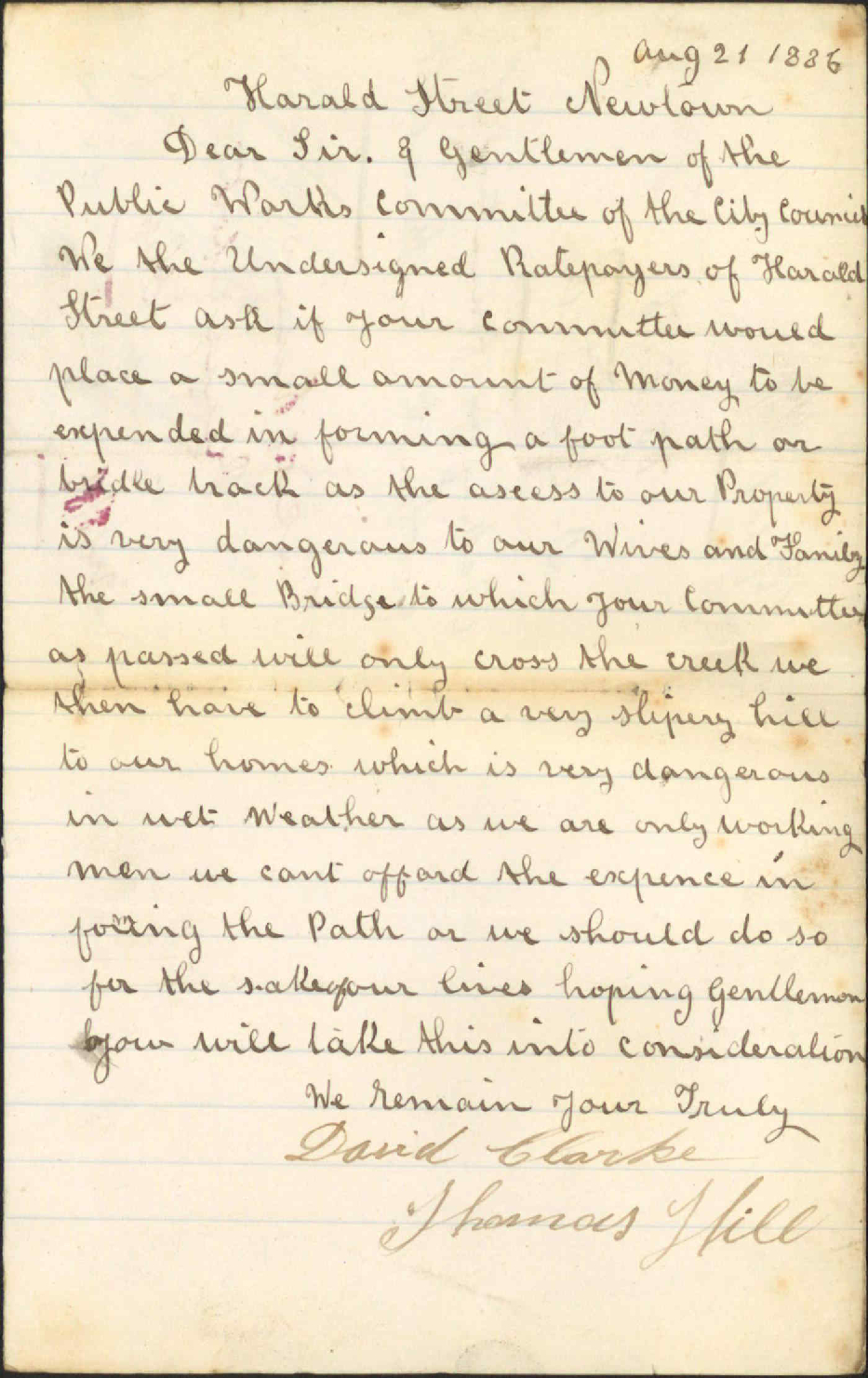 Asking for formation of footpath in Herald Street - D Clark