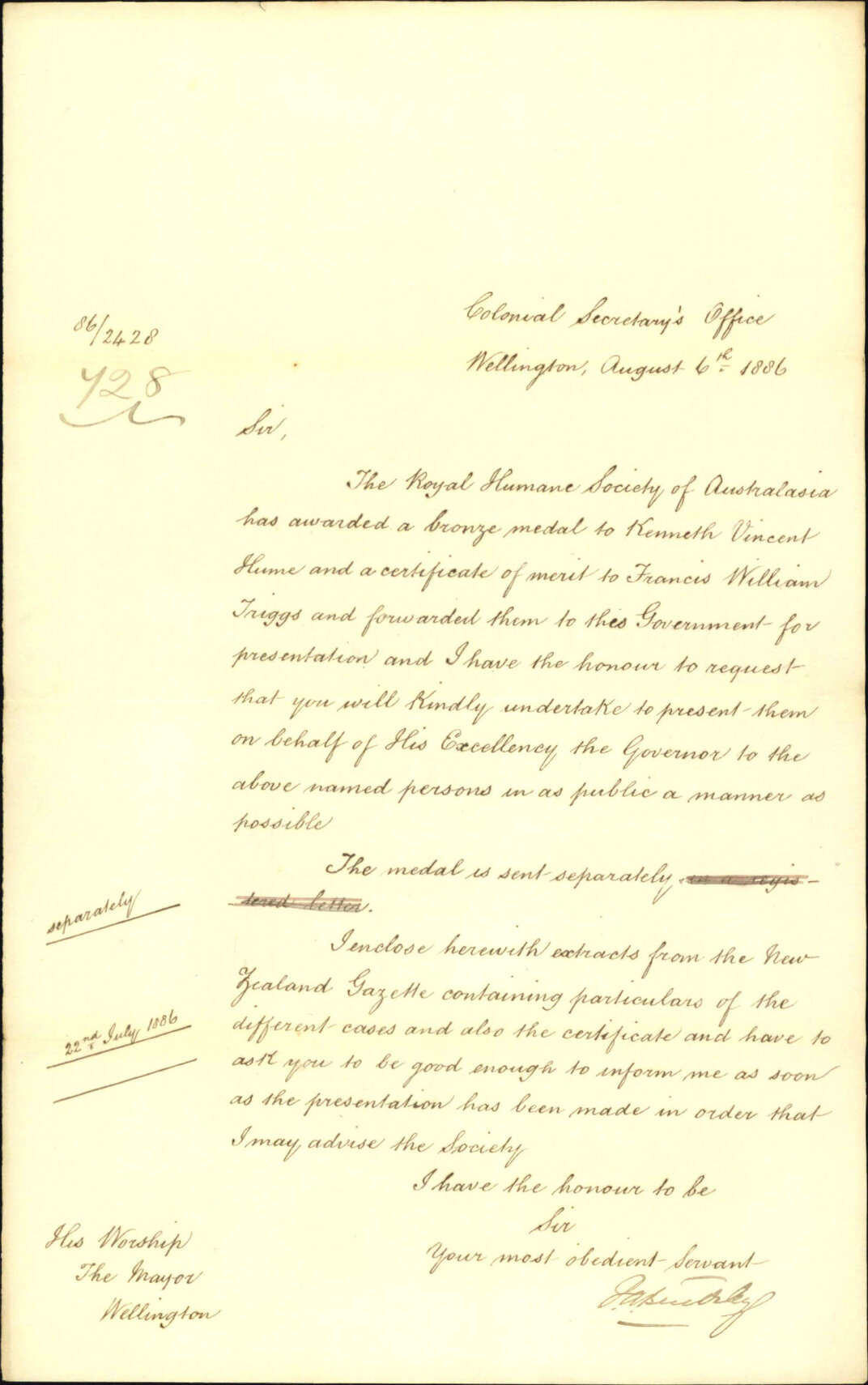 Royal Humane Society of Australasia, presentation of certificates - Colonial Secretary