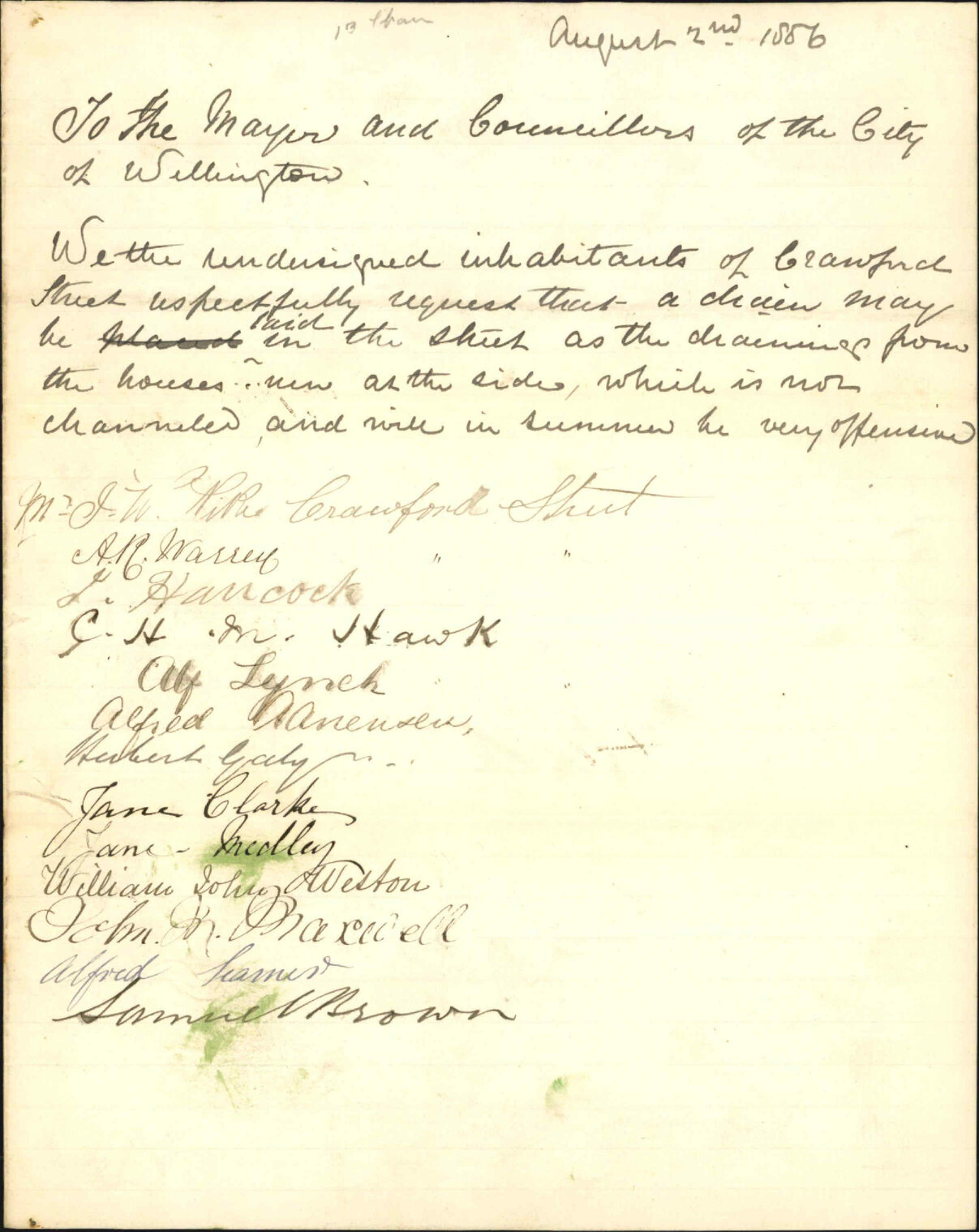 Petition asking for drainage in Crawford Street - J W Pike and others