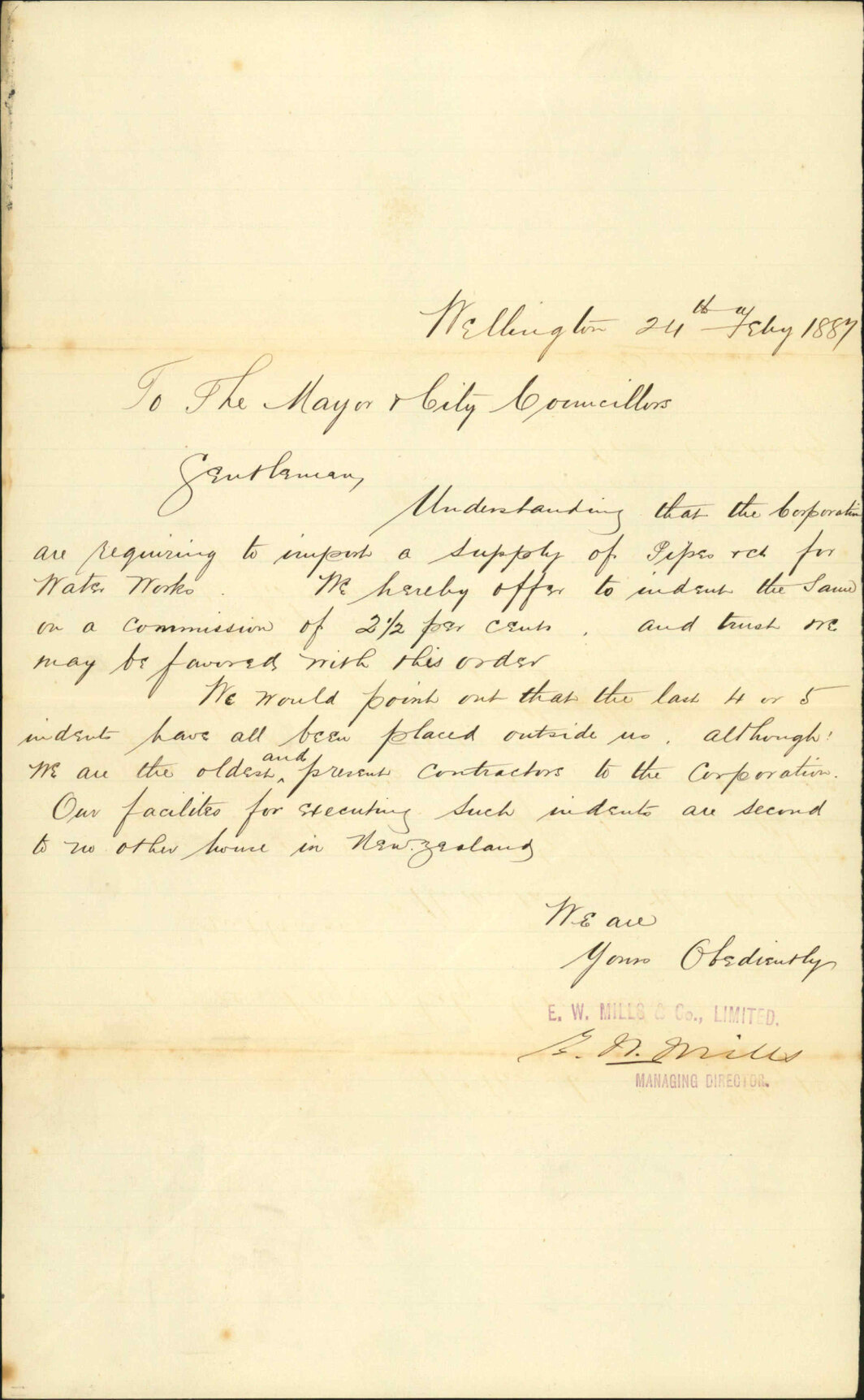 Tender for supply of water pipes - E W Miles and Co