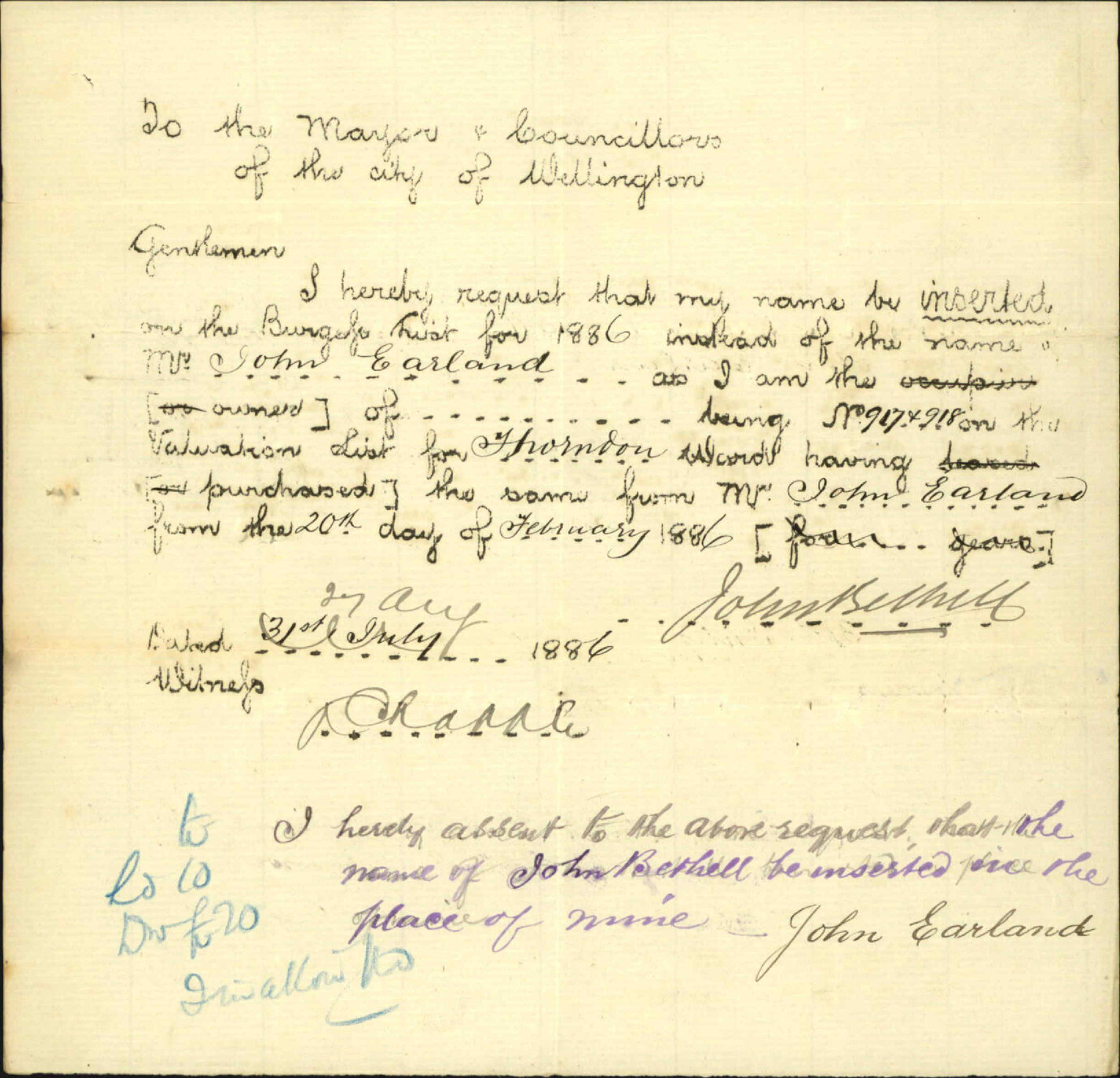 Application to be placed on Burgess Roll - John Bethune