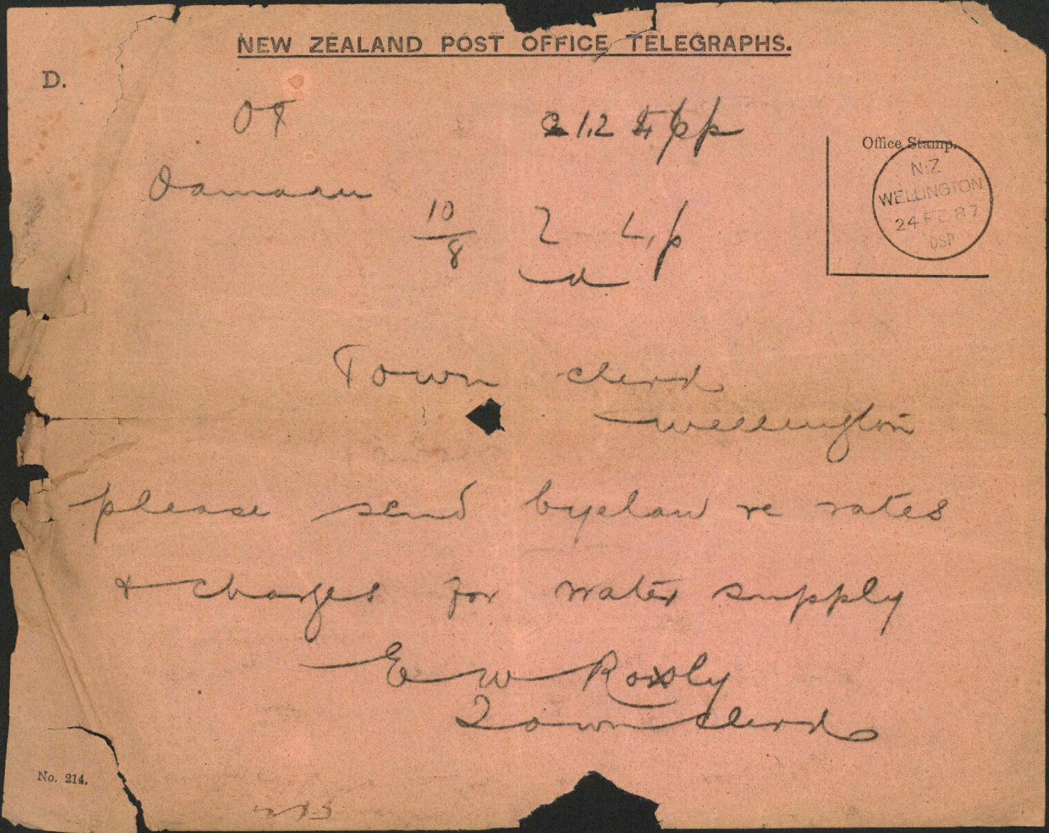 Asking for copy of bylaw regarding water supply - Town Clerk Oamaru