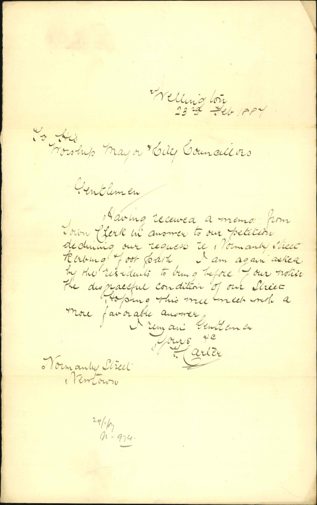 Asking for repairs to Normanby Street - F Carter