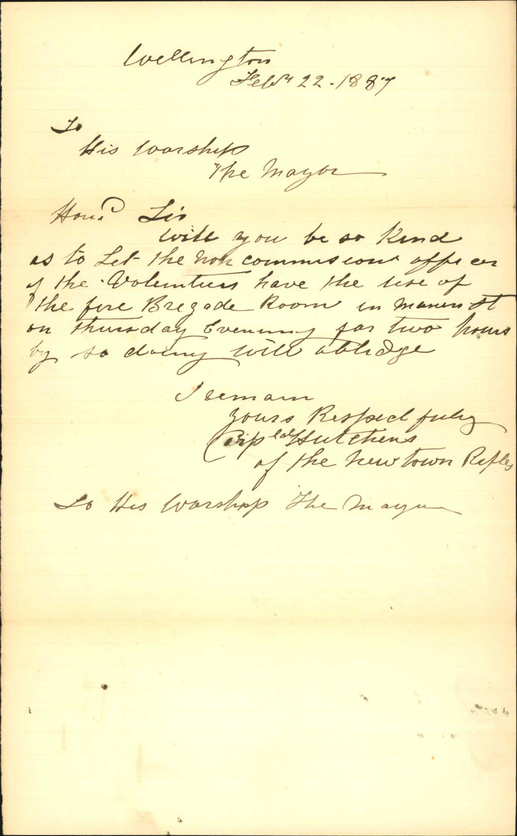 Asking use of Fire Brigade hall - J W Hutchens