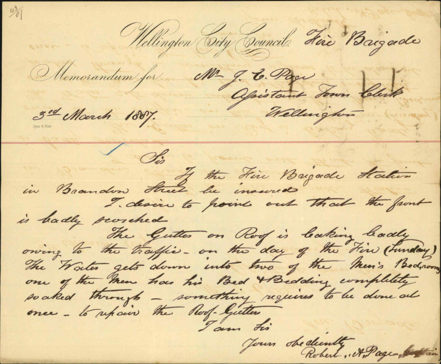 Reporting damage to Brandon Street Fire Brigade Station by fire - Robert A Page (Captain, Fire Brigade)