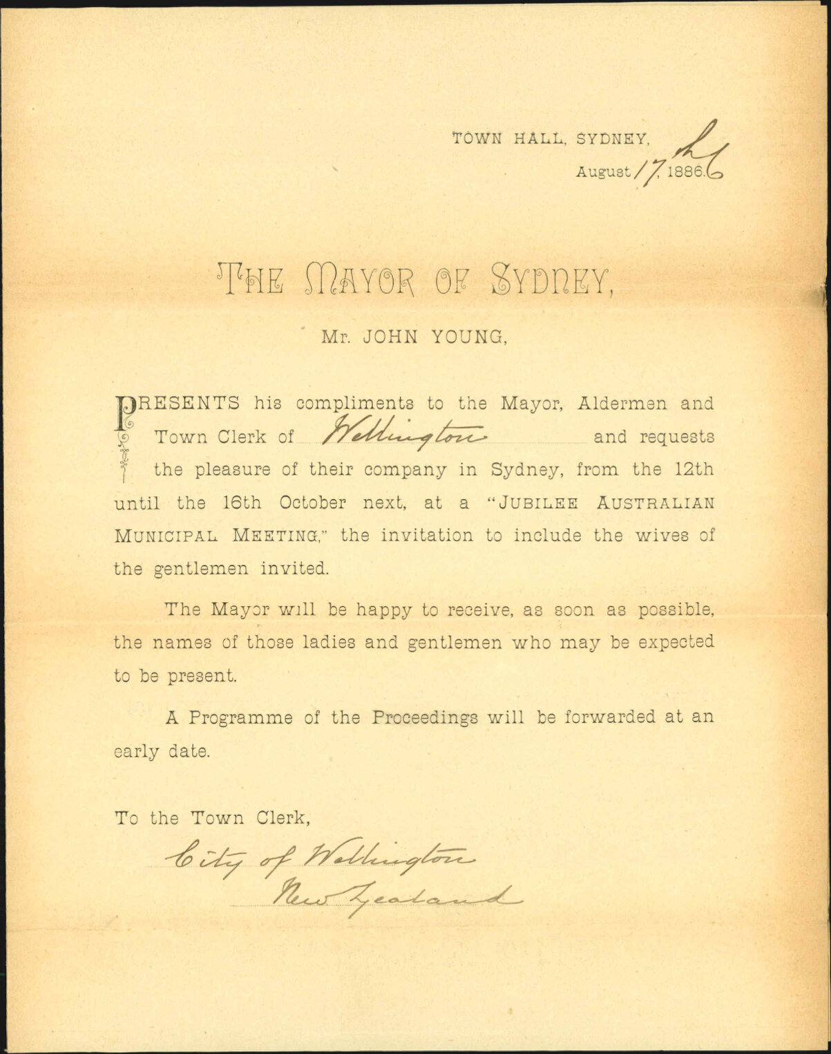 Invitation for Jubilee Australian Municipal Meeting - Mayor of Sydney