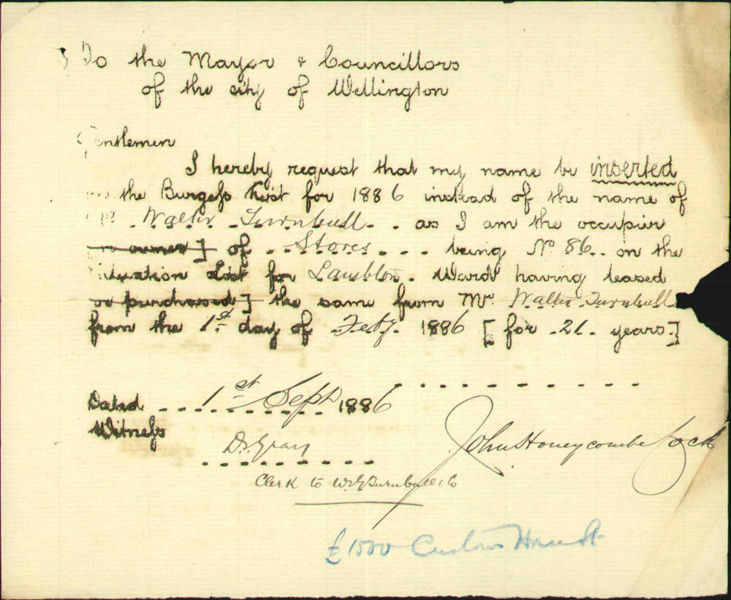 Application to placed on Burgess Roll - John Honeycombe Cock