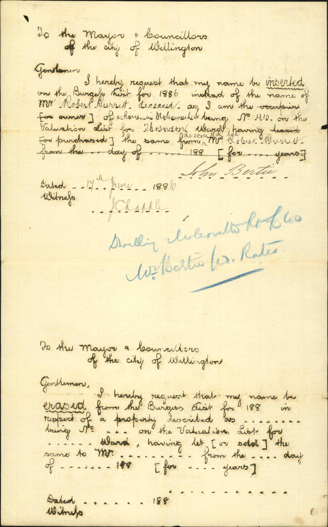 Application to be placed on Burgess Roll - John Bertie