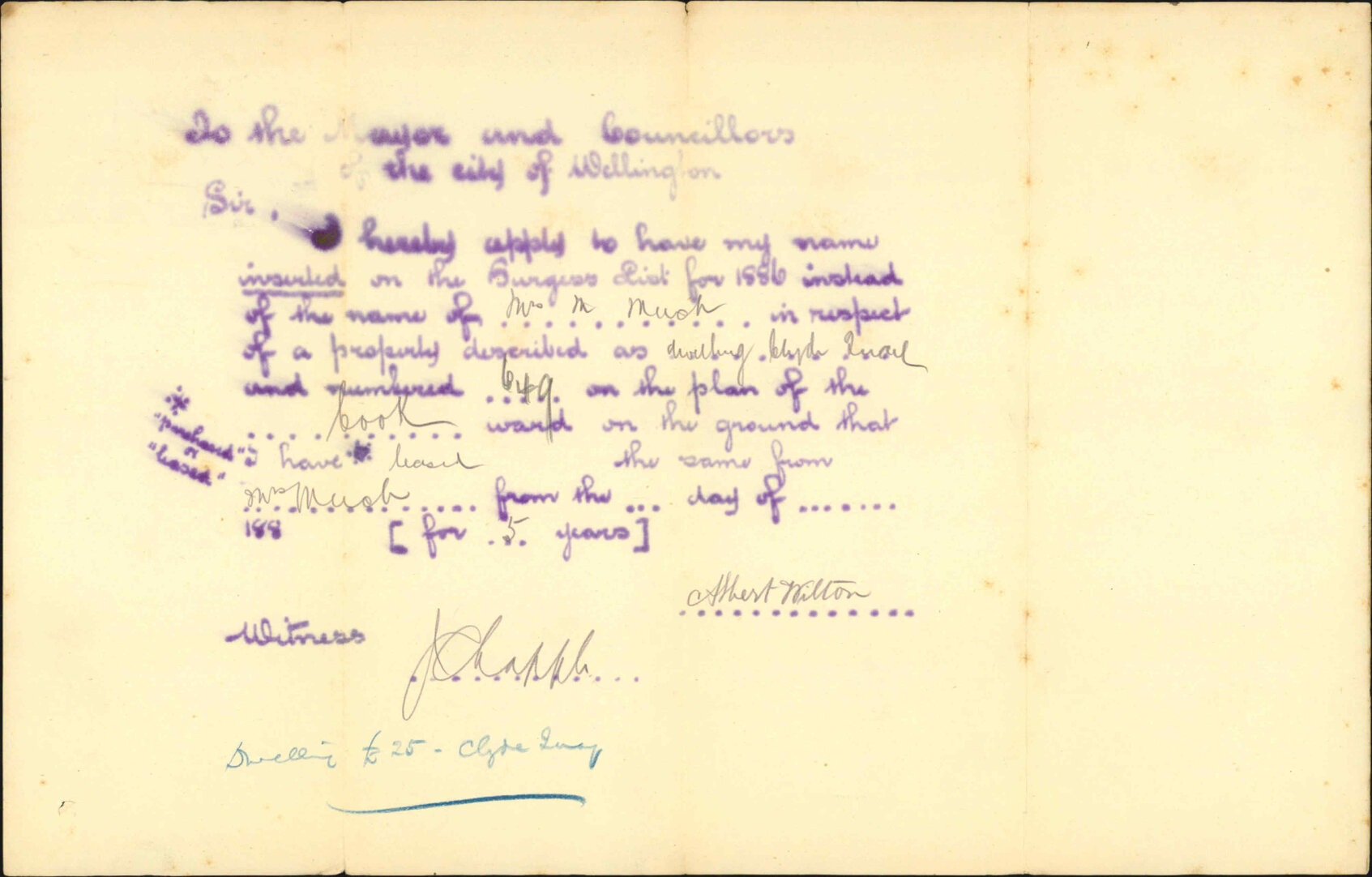Application to be placed on Burgess Roll - Albert Wilton