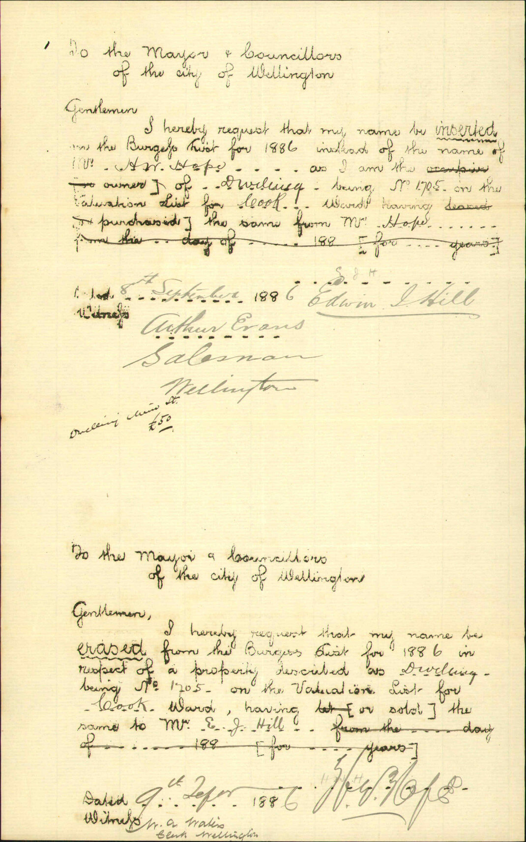 Application to be placed on Burgess Roll - E J Hill