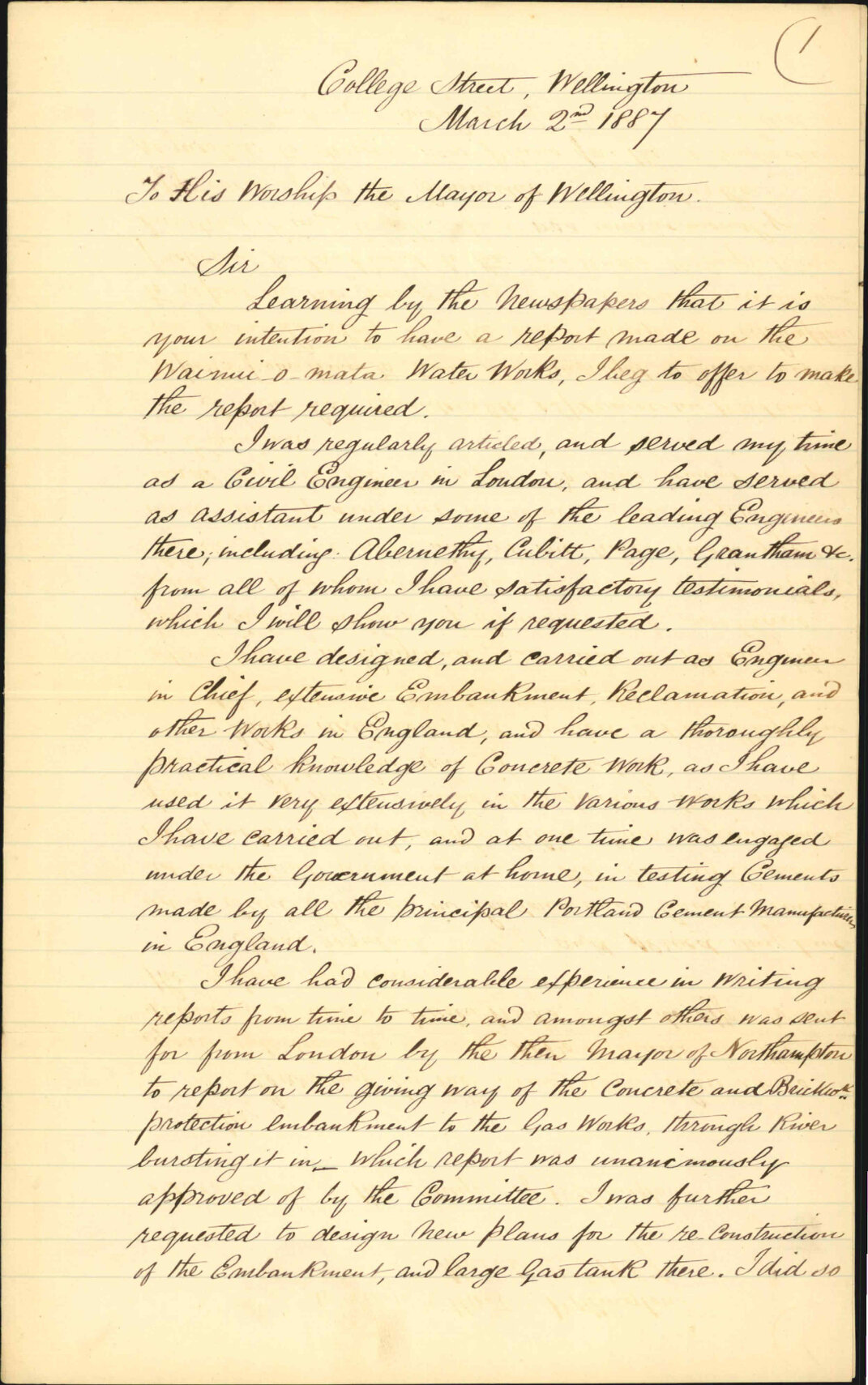 Offering to report on Wainui Water Works - F W Bryant