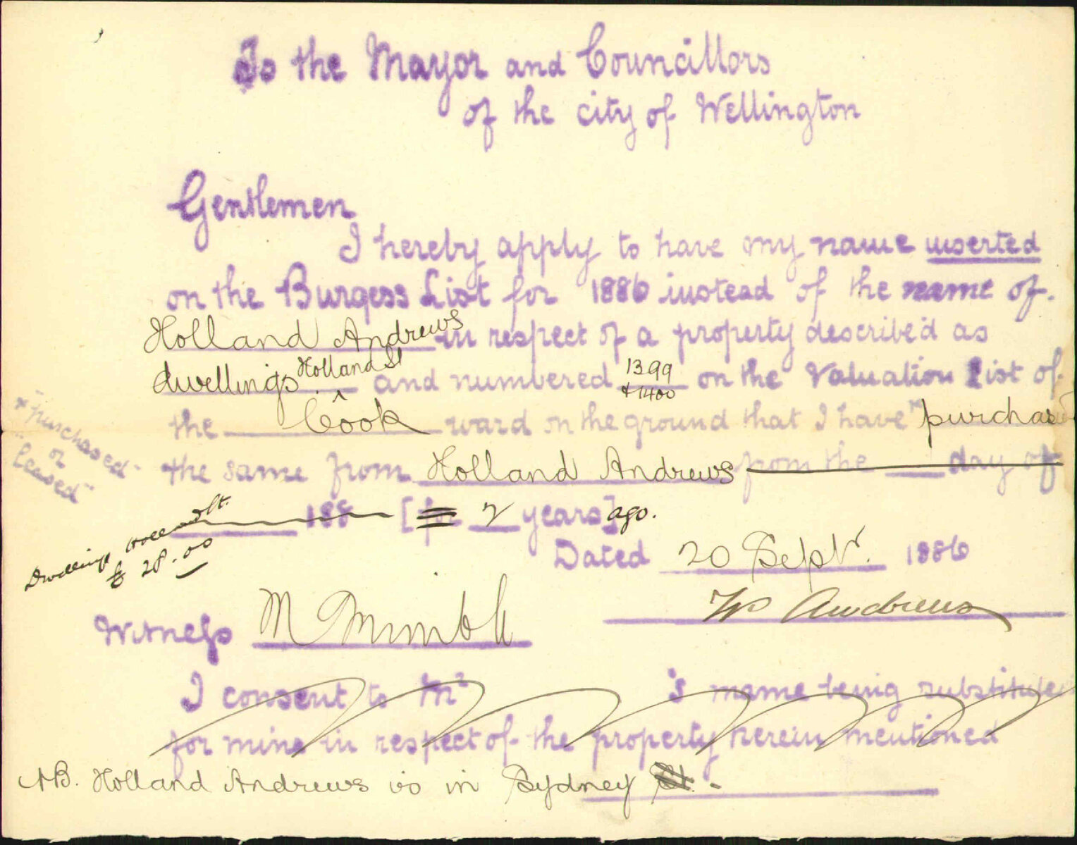 Application to be placed on the Burgess Roll - W Andrews