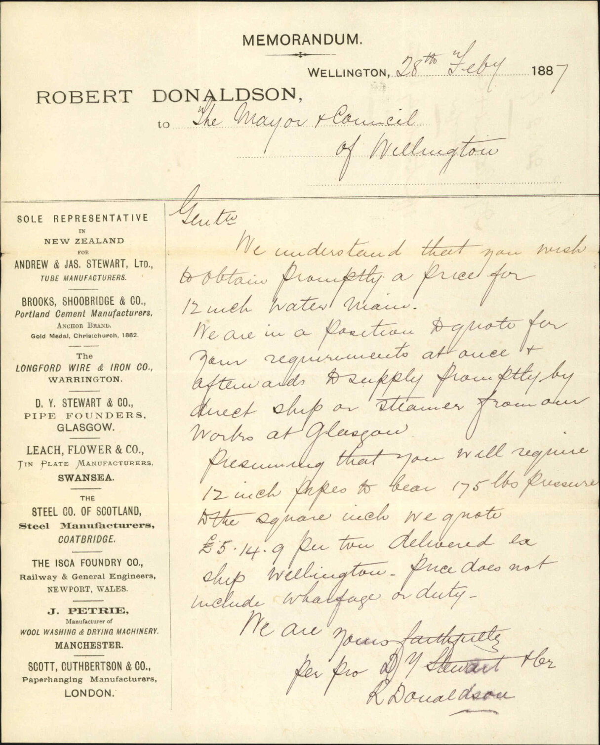 Offer to supply water pipes - Robert Donaldson, D Y Stewart and Co