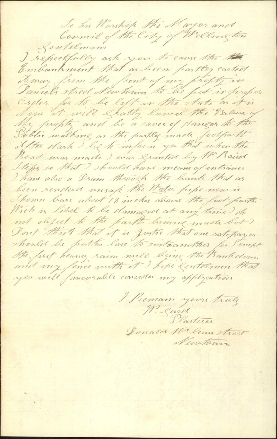 Asking for embankment in Daniell Street to be removed - W Hard