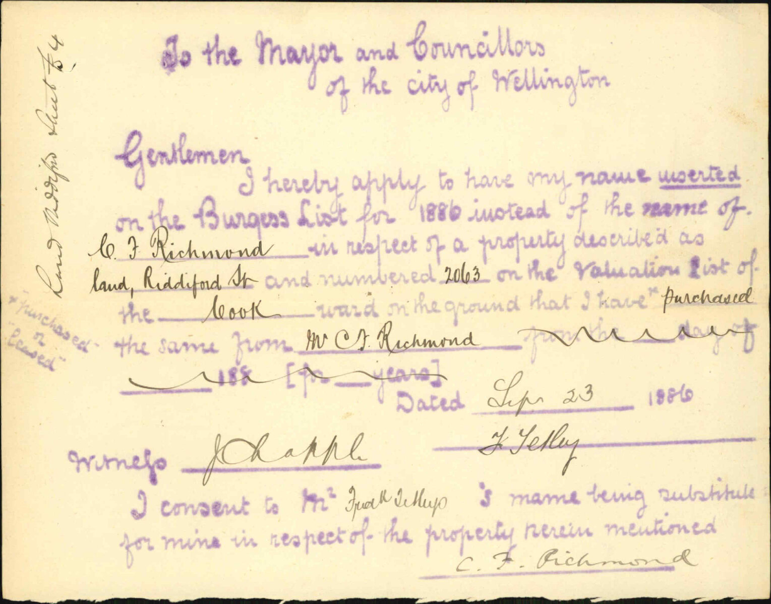 Application to be placed on the Burgess Roll - T Tetley
