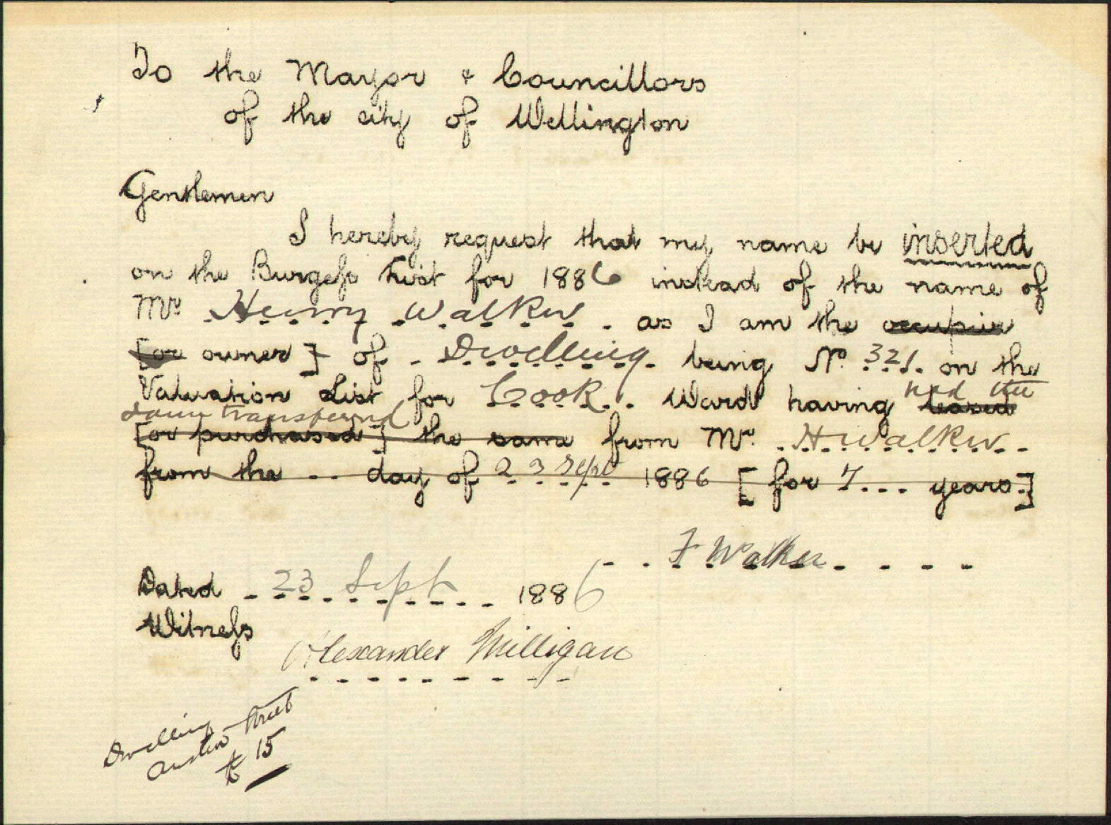 Application to be placed on the Burgess Roll - F Walker