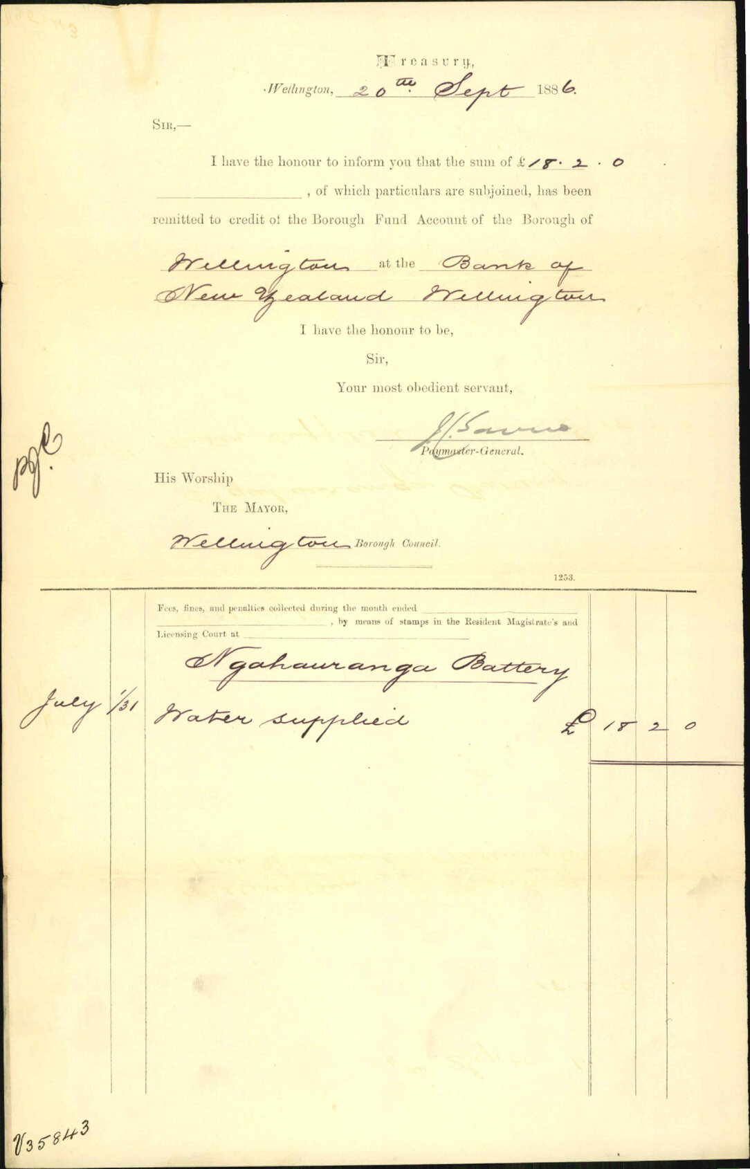 Advising payment of water account - Treasury