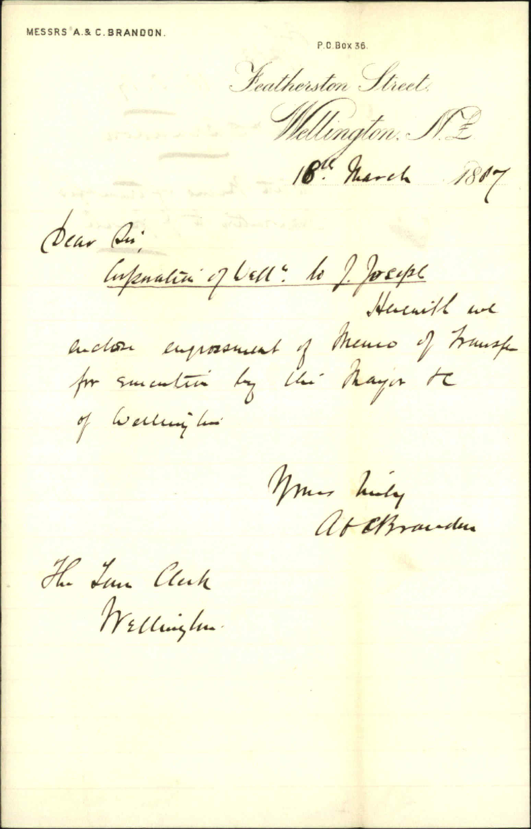 With memo of transfer, Corporation to J Joseph - A and C Brandon