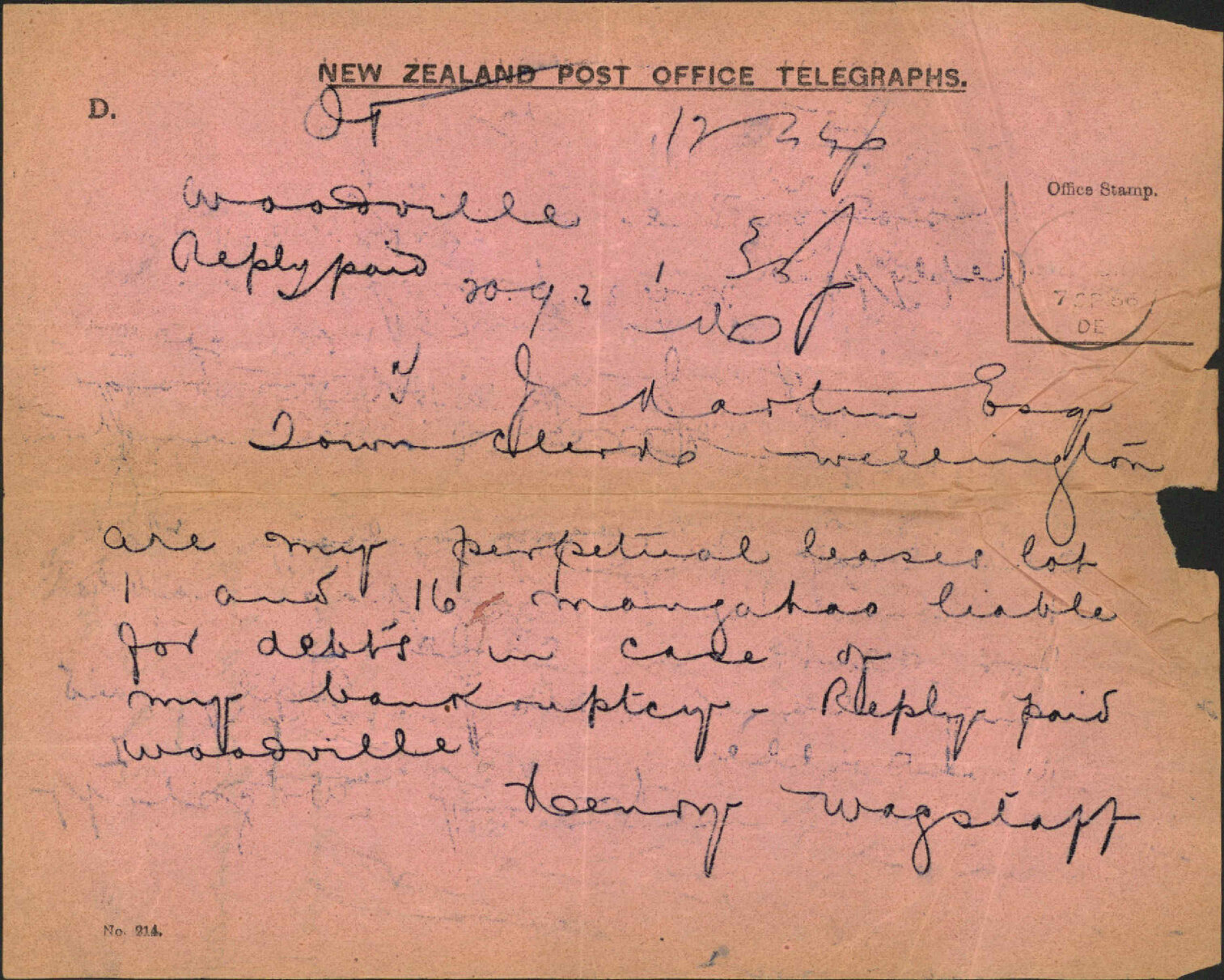 Enquiry as to Mangahao leases - Henry Wagstaff (Woodville)