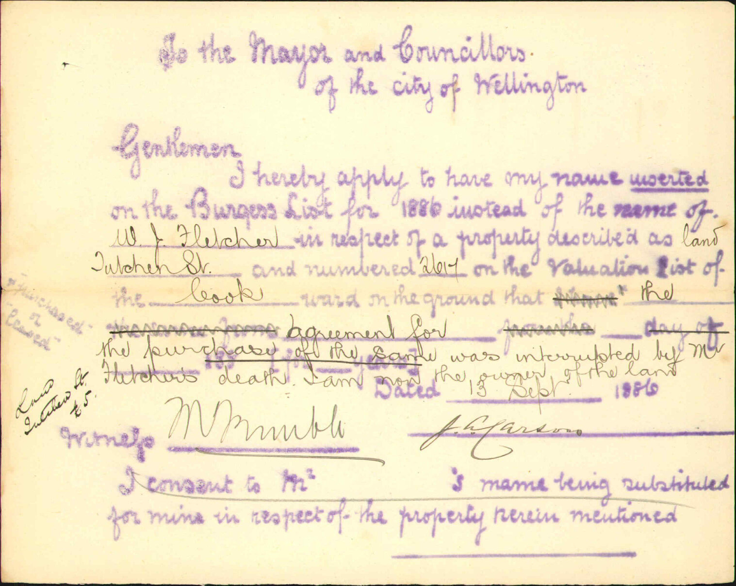 Application to be placed on Burgess Roll - J A Carson