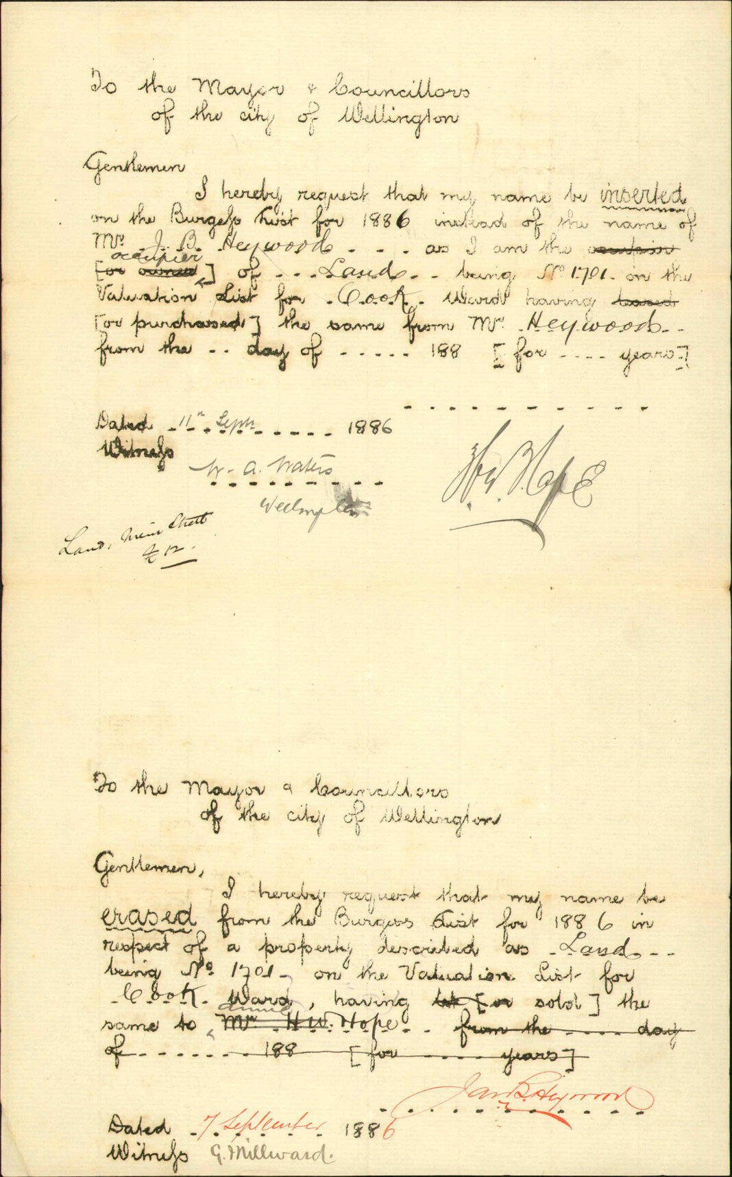 Application to be placed on Burgess Roll - H W Hope