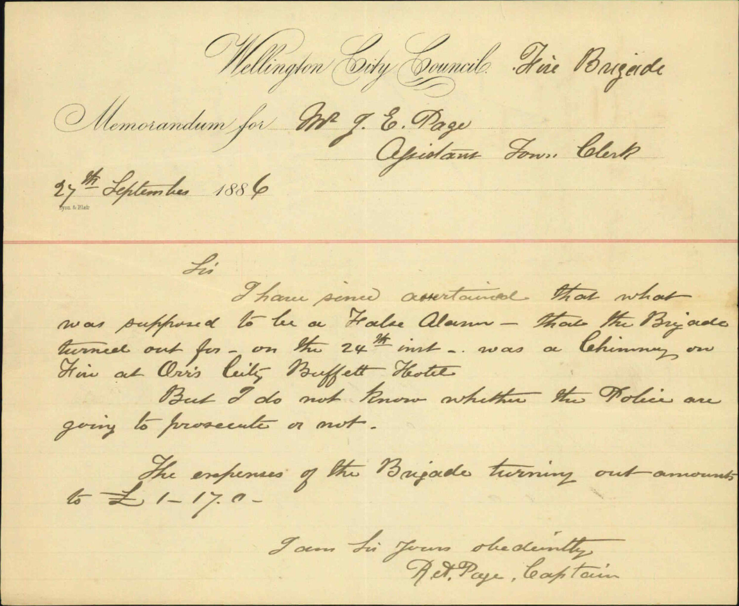 Alarm of fire on 24th - Robert A Page, Captain Fire Brigade