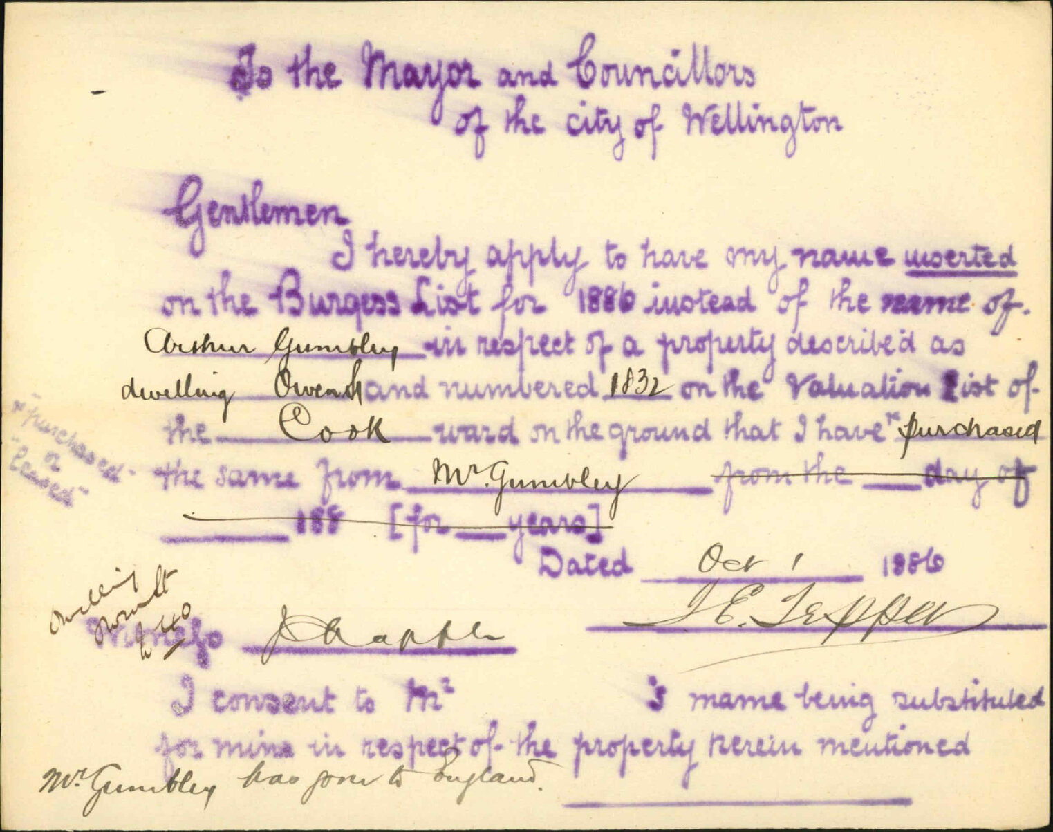 Application to be placed on Burgess Roll - J E Jepper