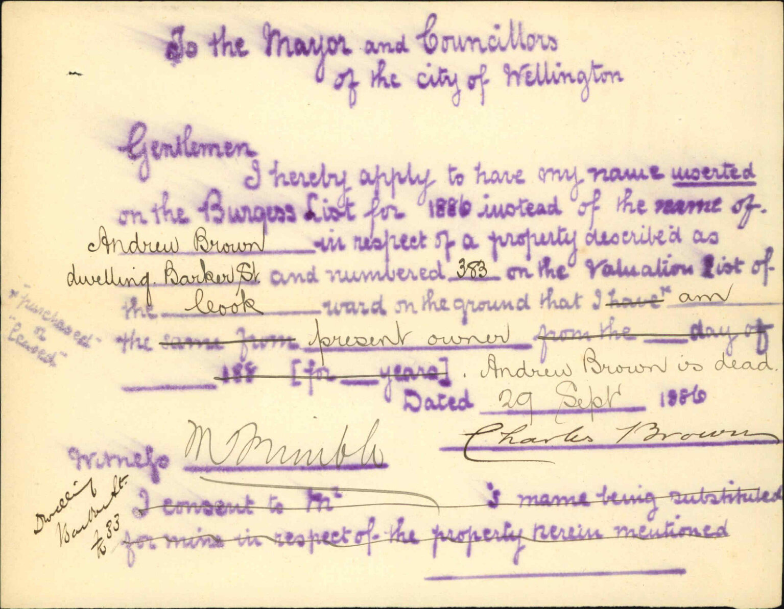 Application to be placed on the Burgess Roll - Charles Brown