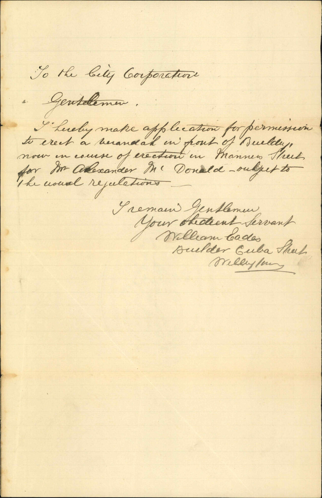 Application for permission to erect verandah - Wiliam Eades