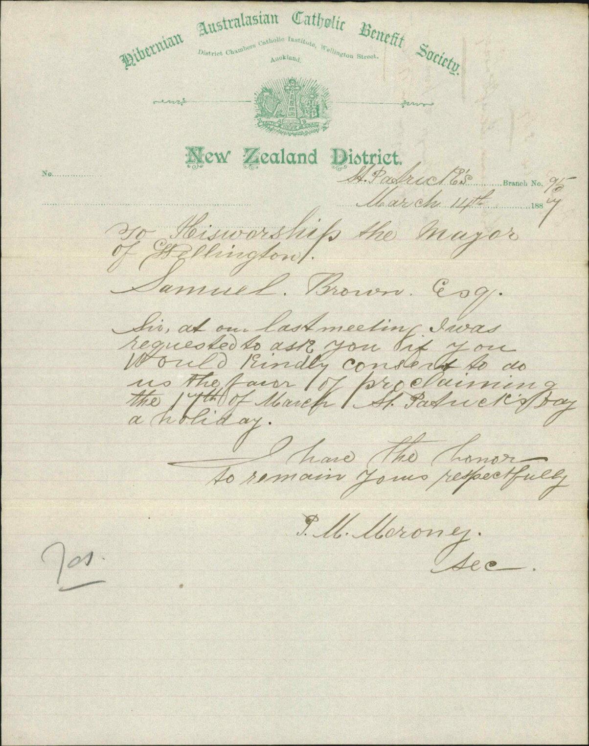 Asking Mayor to proclaim a holiday on the 17th of March - Hibernian Benefit Society