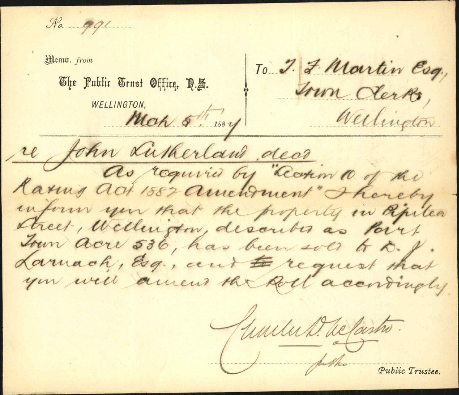 Notice regarding property of John Sutherland, deceased - Public Trustees