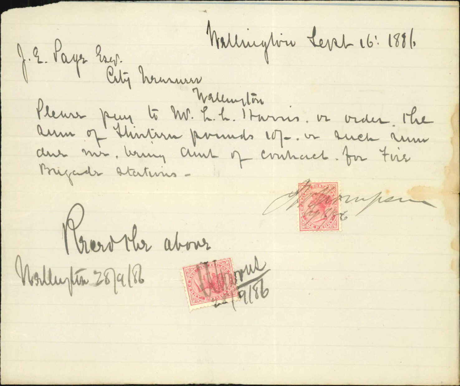 Order to pay his cheque to L L Harris - W Thompson
