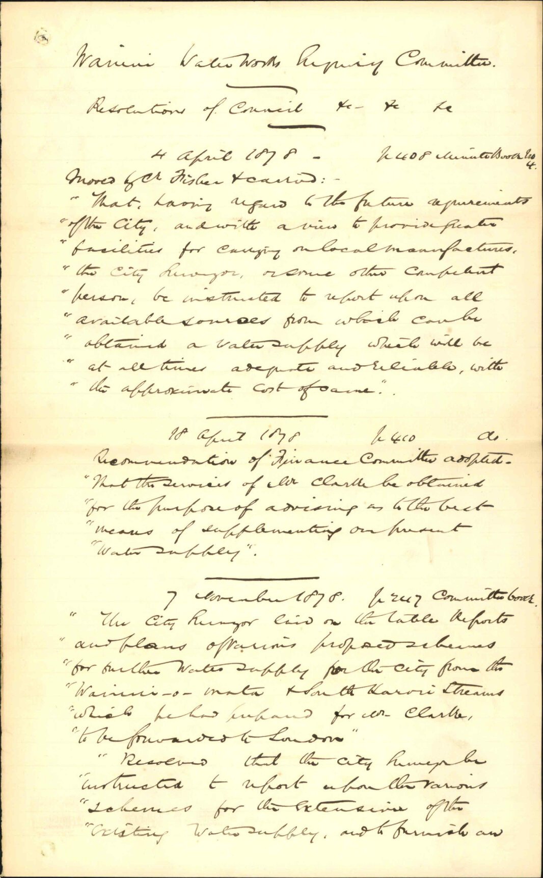 Particular for Wainui water works enquiry committee - Town Clerk