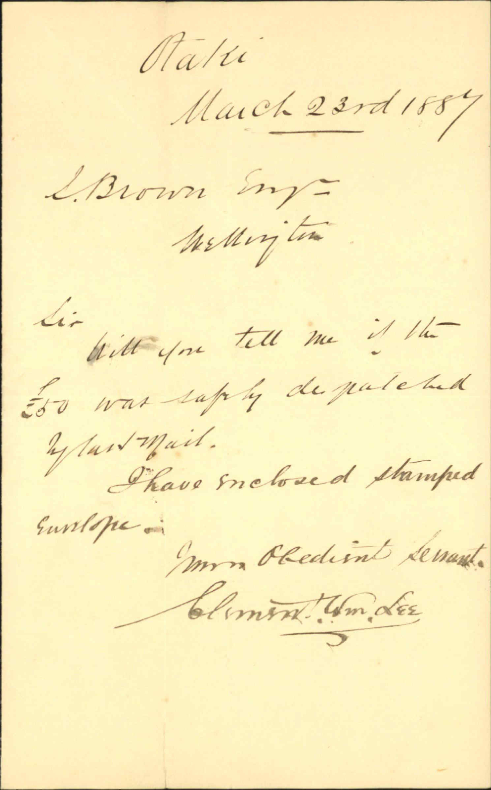 Enquiry regarding draft to Lord Mayor of London - Clement W Leo - Otaki