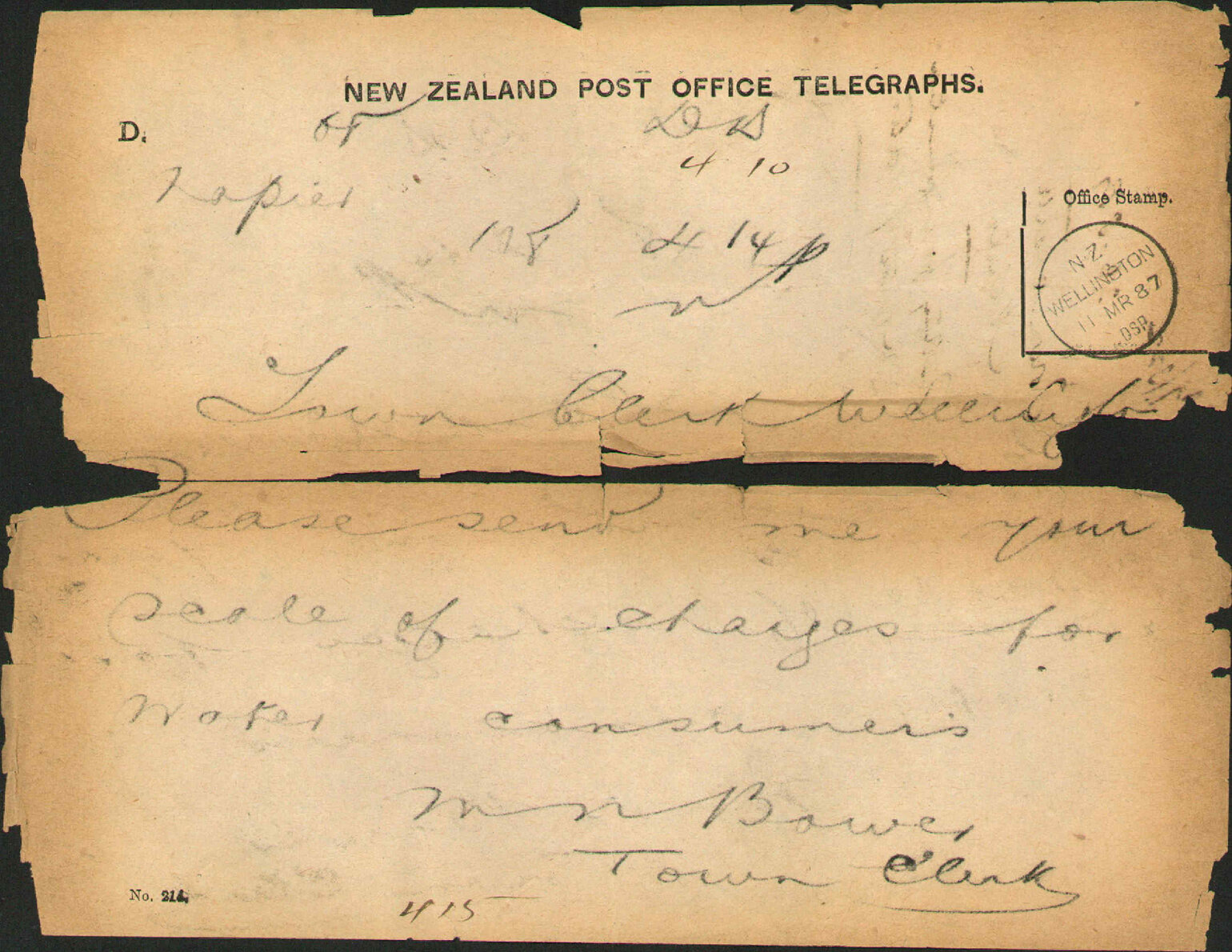 Asking for information regarding price of water - Town Clerk Napier