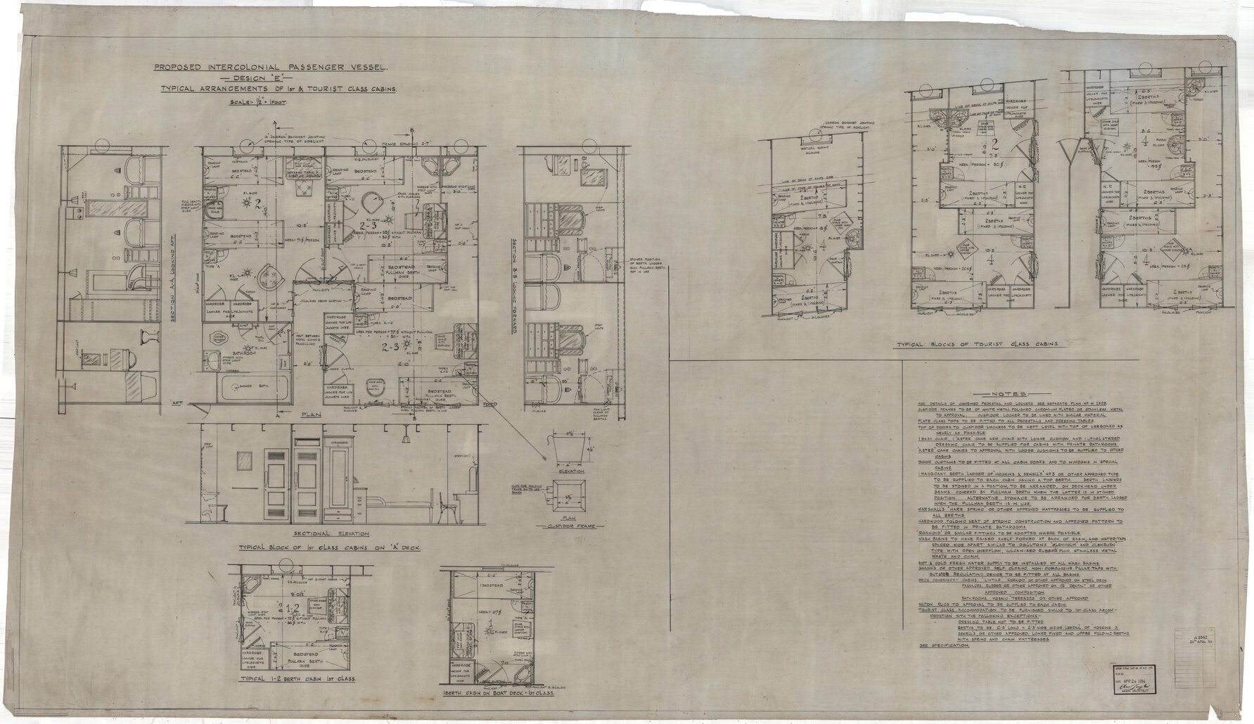 [TSS Awatea], proposed intercolonial passenger vessel, design "E" typical arrangements of 1st and tourist class cabins