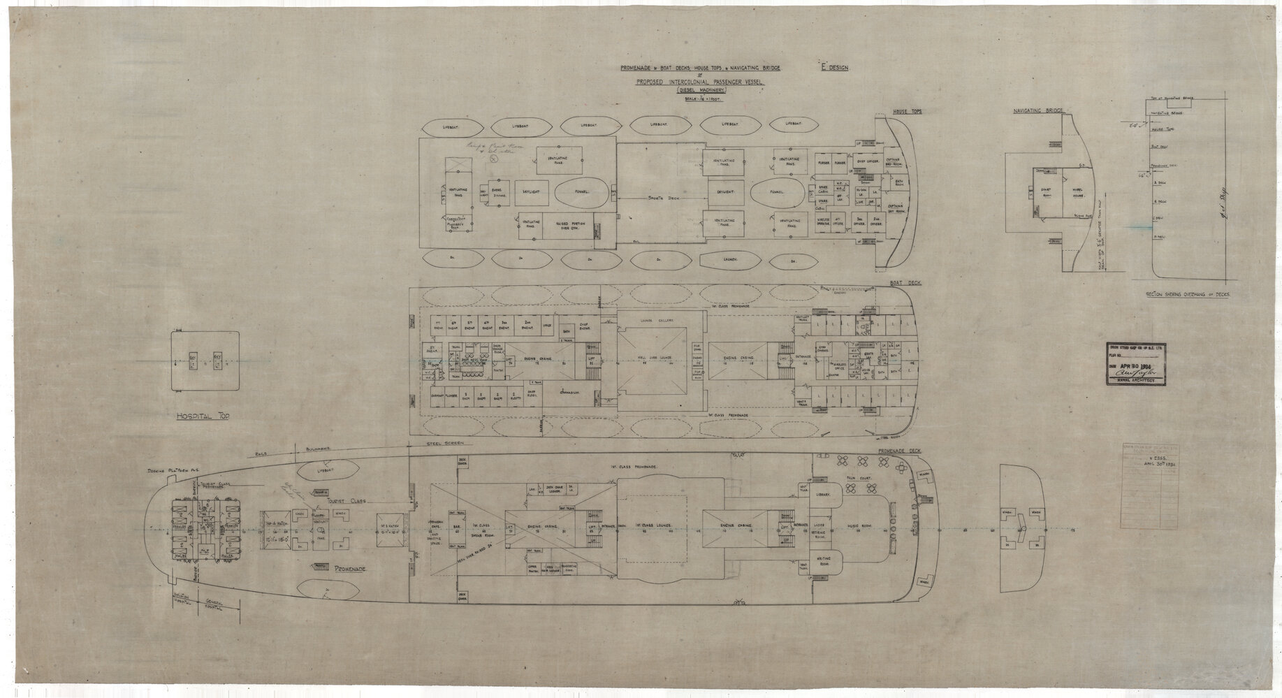 [TSS Awatea], Proposed intercolonial passenger vessel, E Design, promedade and boat decks, house tops and navigating bridge, diesel machinery