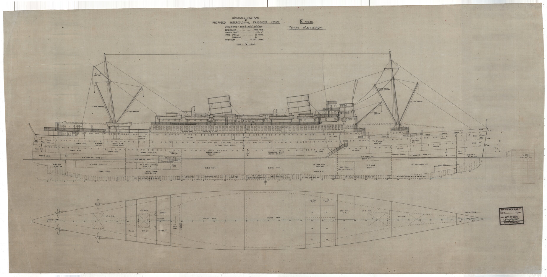 [TSS Awatea], Elevation and hold plan, proposed intercolonial passenger vessel, E Design, Diesel machinery