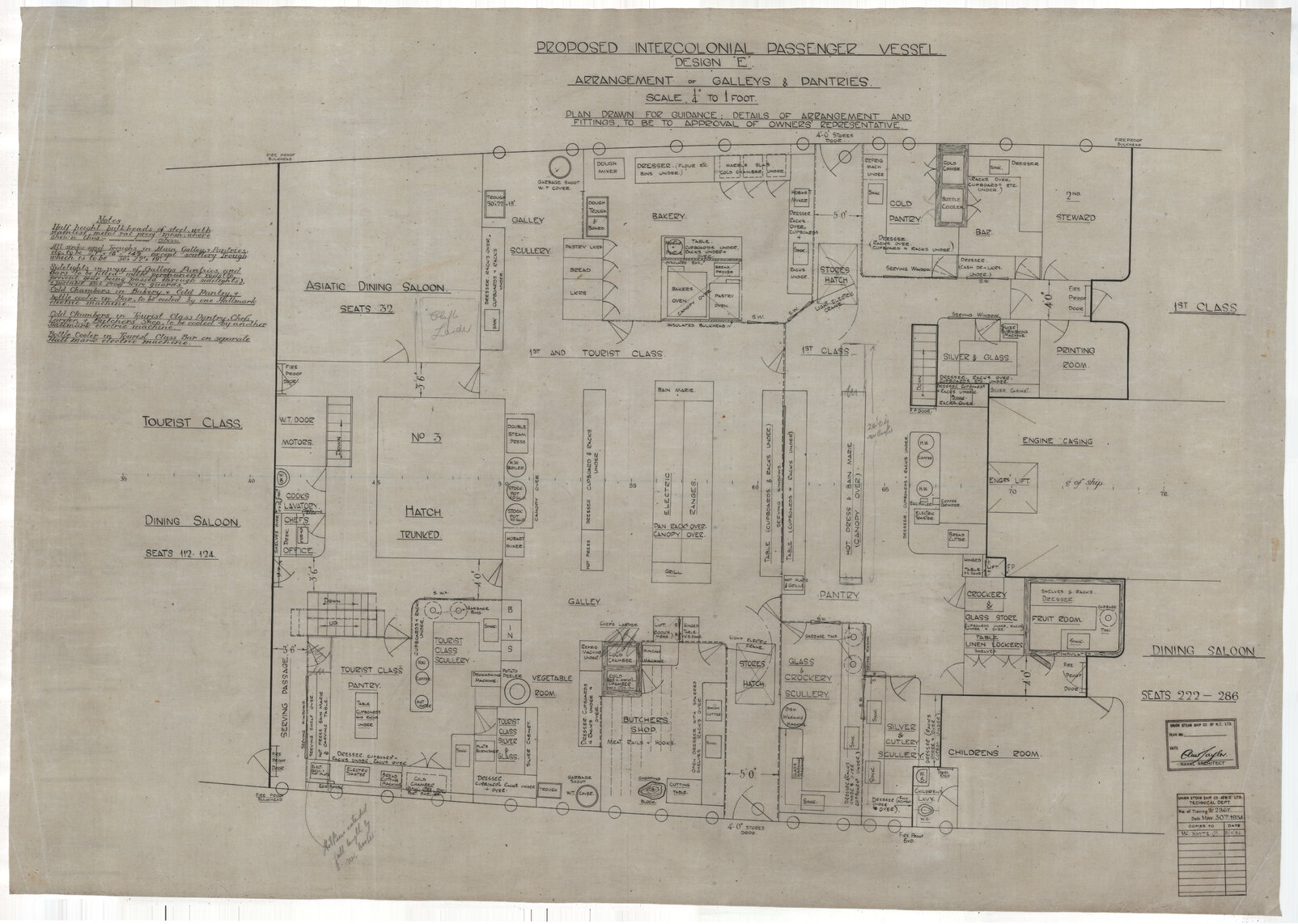 [TSS Awatea], proposed intercolonial passenger vessel, design "E" arrangement of galleys and pantries