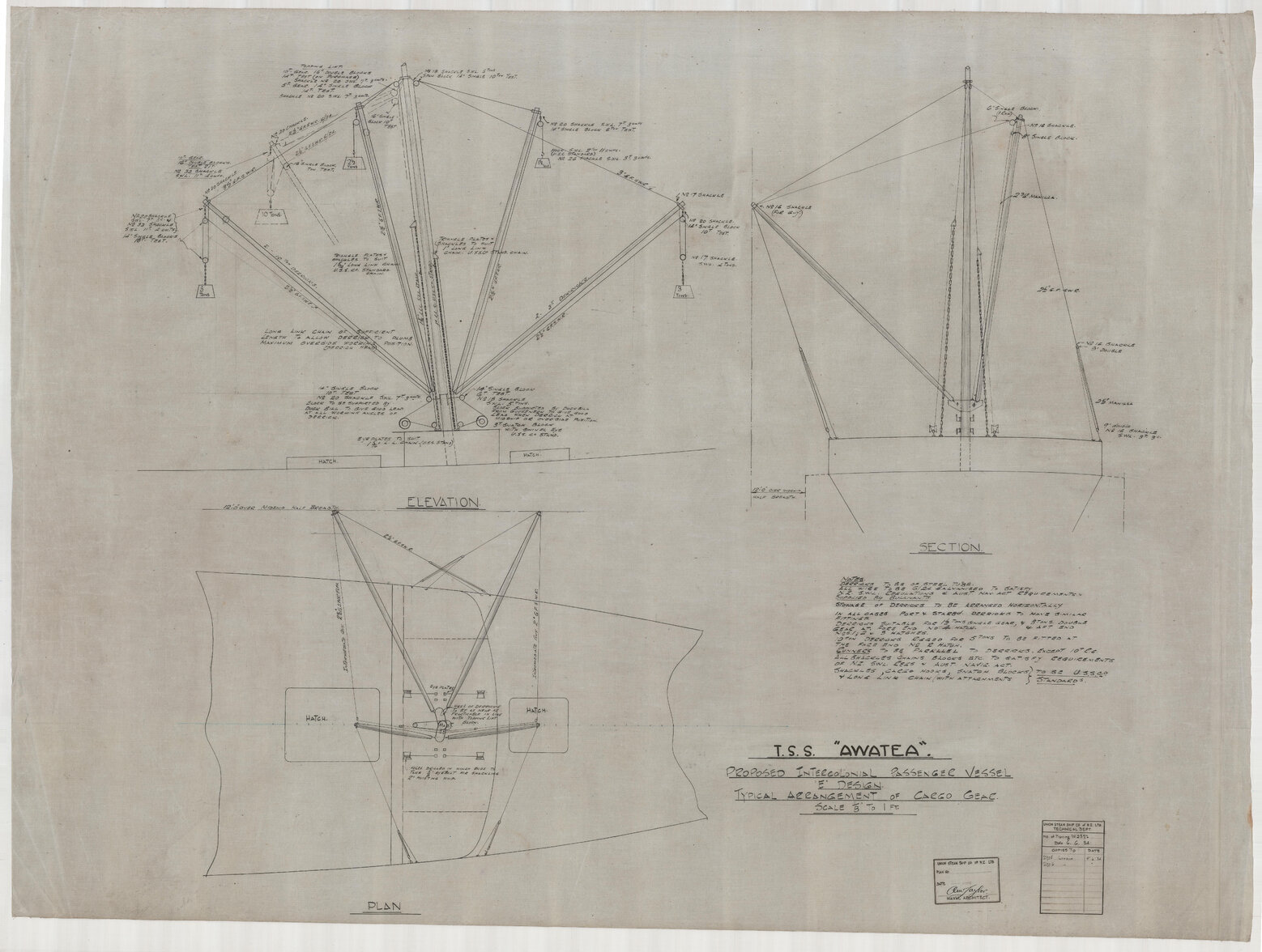 TSS Awatea, proposed intercolonial passenger vessel 'E' design, typical arrangement of cargo gear
