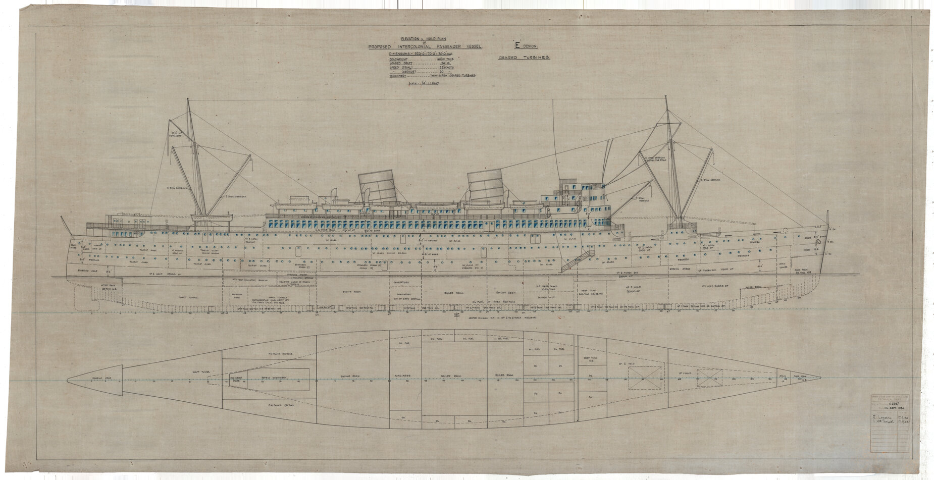 [TSS Awatea], Elevation and hold plan, proposed intercolonial passenger vessel, E Design, geared tubines