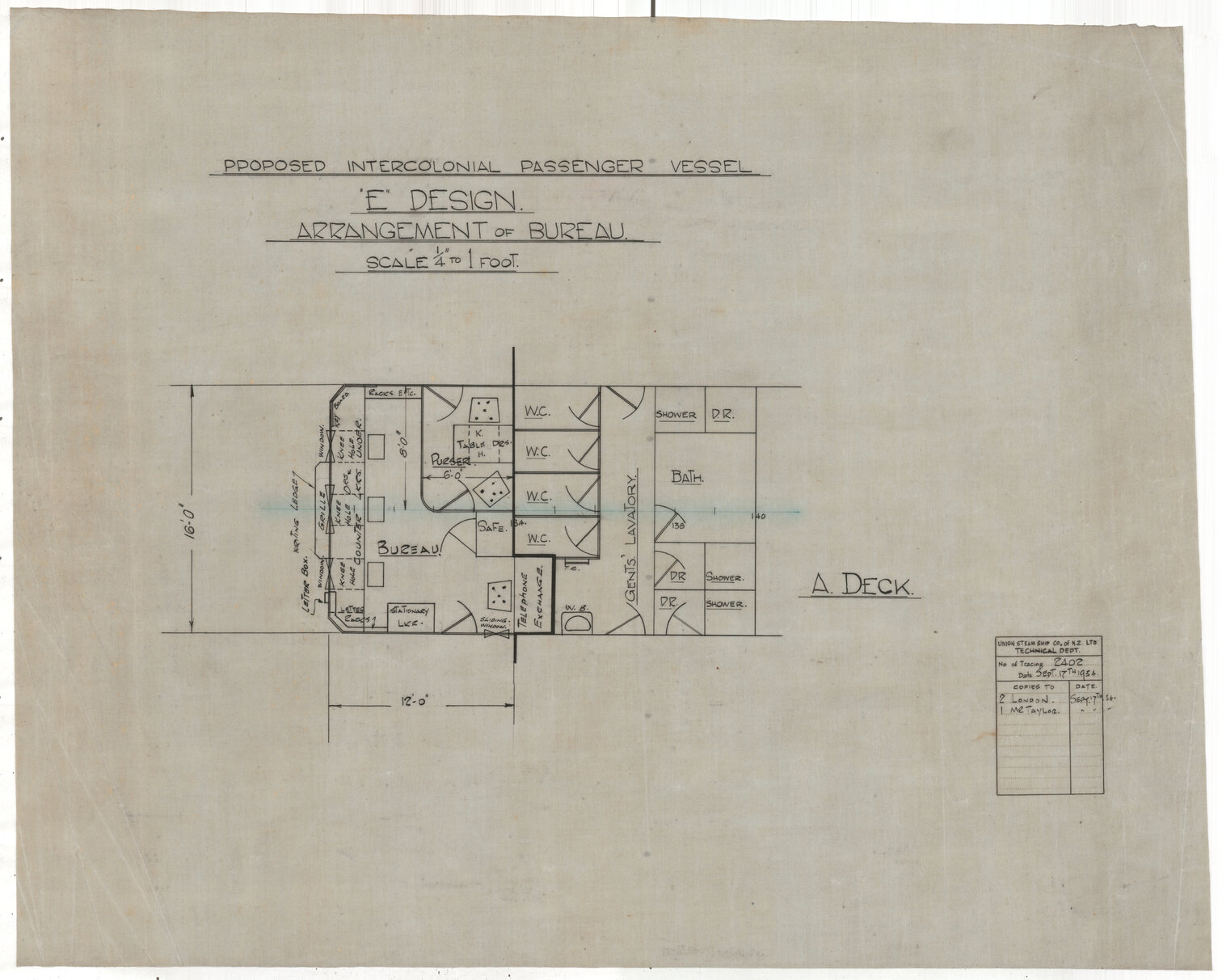 [TSS Awatea], Proposed intercolonial passenger vessel, E design, arrangement of bureau, A deck