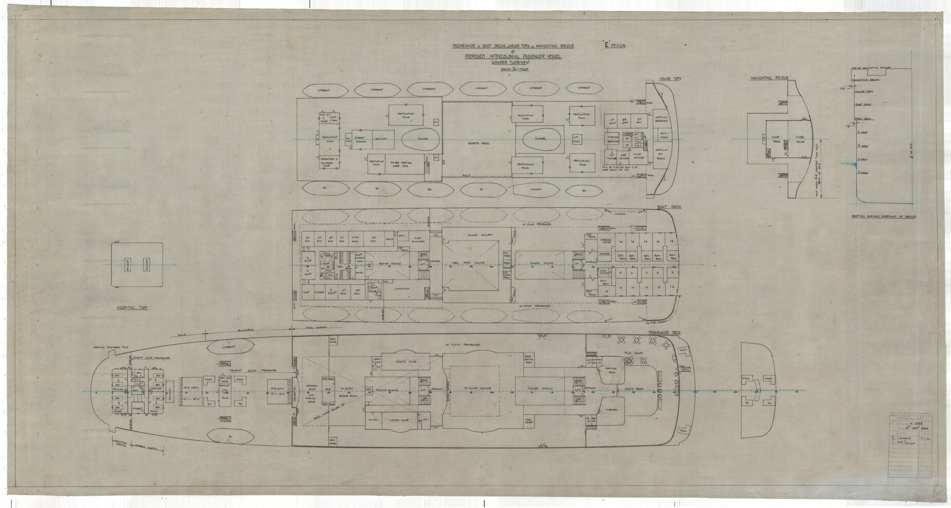 [TSS Awatea], Proposed intercolonial passenger vessel (geared tubines), E design, promenade, boat decks, house tops and navigating bridge