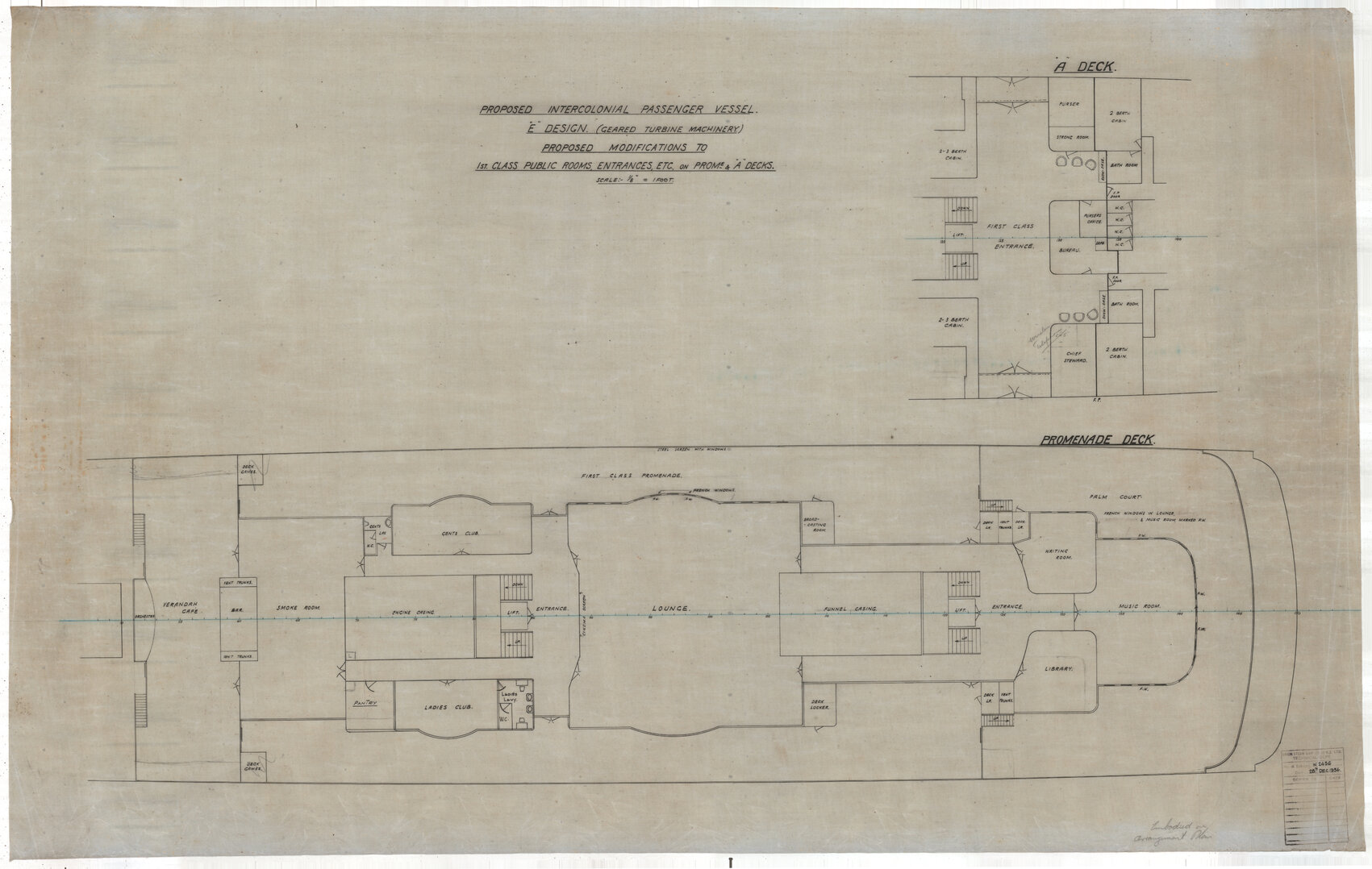 [TSS Awatea], Proposed intercolonial passenger vessel, E design, proposed modifications to 1st class public rooms, entrances etc., on promenade and 'A' decks