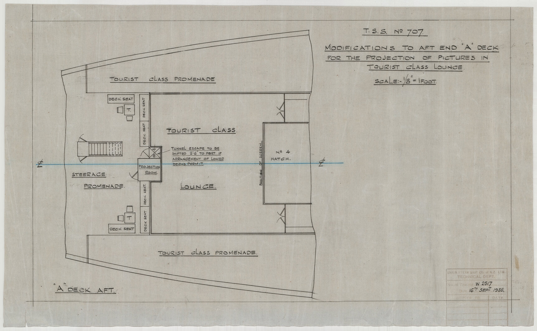 TSS  Awatea, modifications to aft end "A" deck for the projection of pictures in tourist class lounge