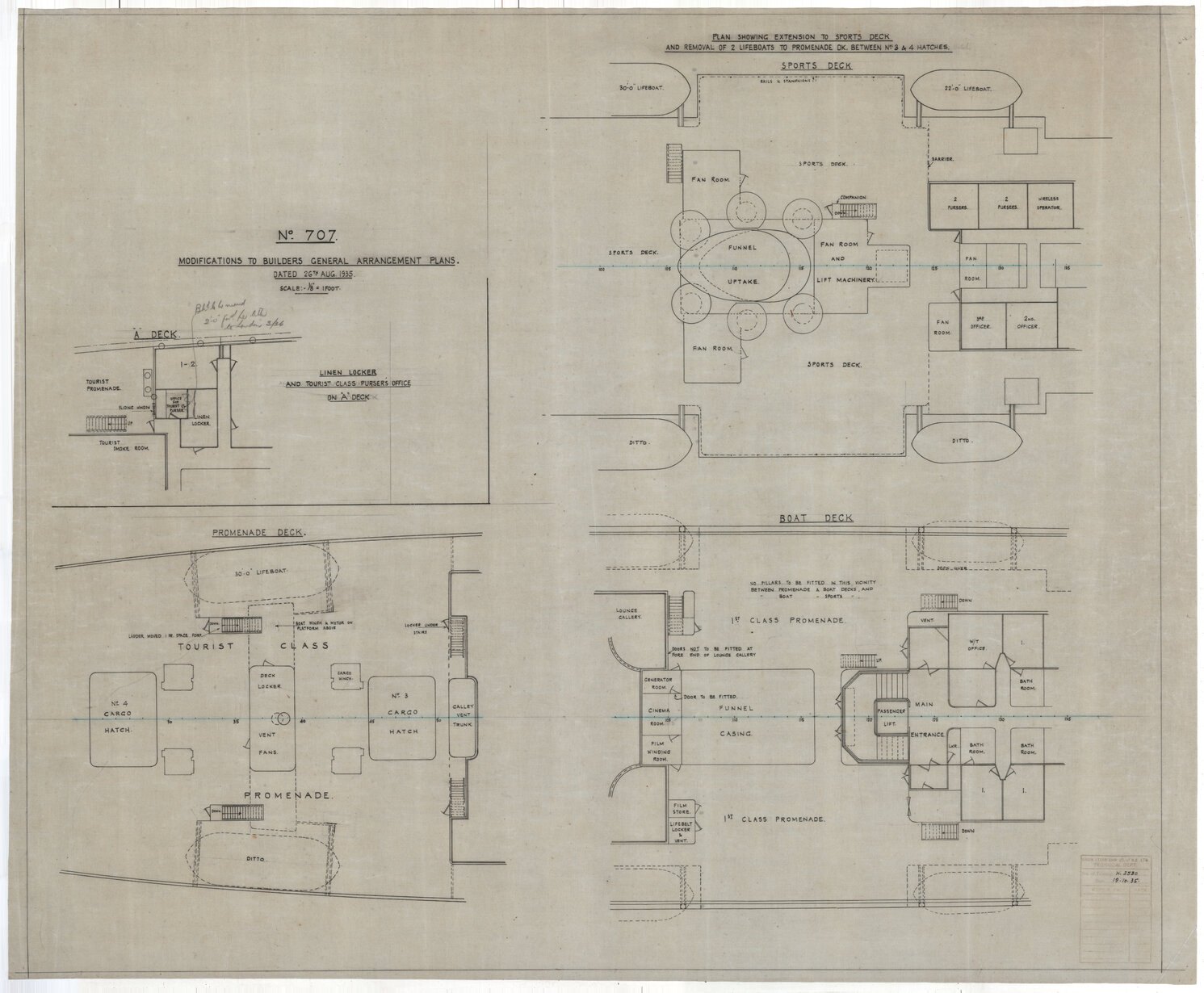 Modifications to builders general arrangement plan, sports deck, boat deck, promenade deck