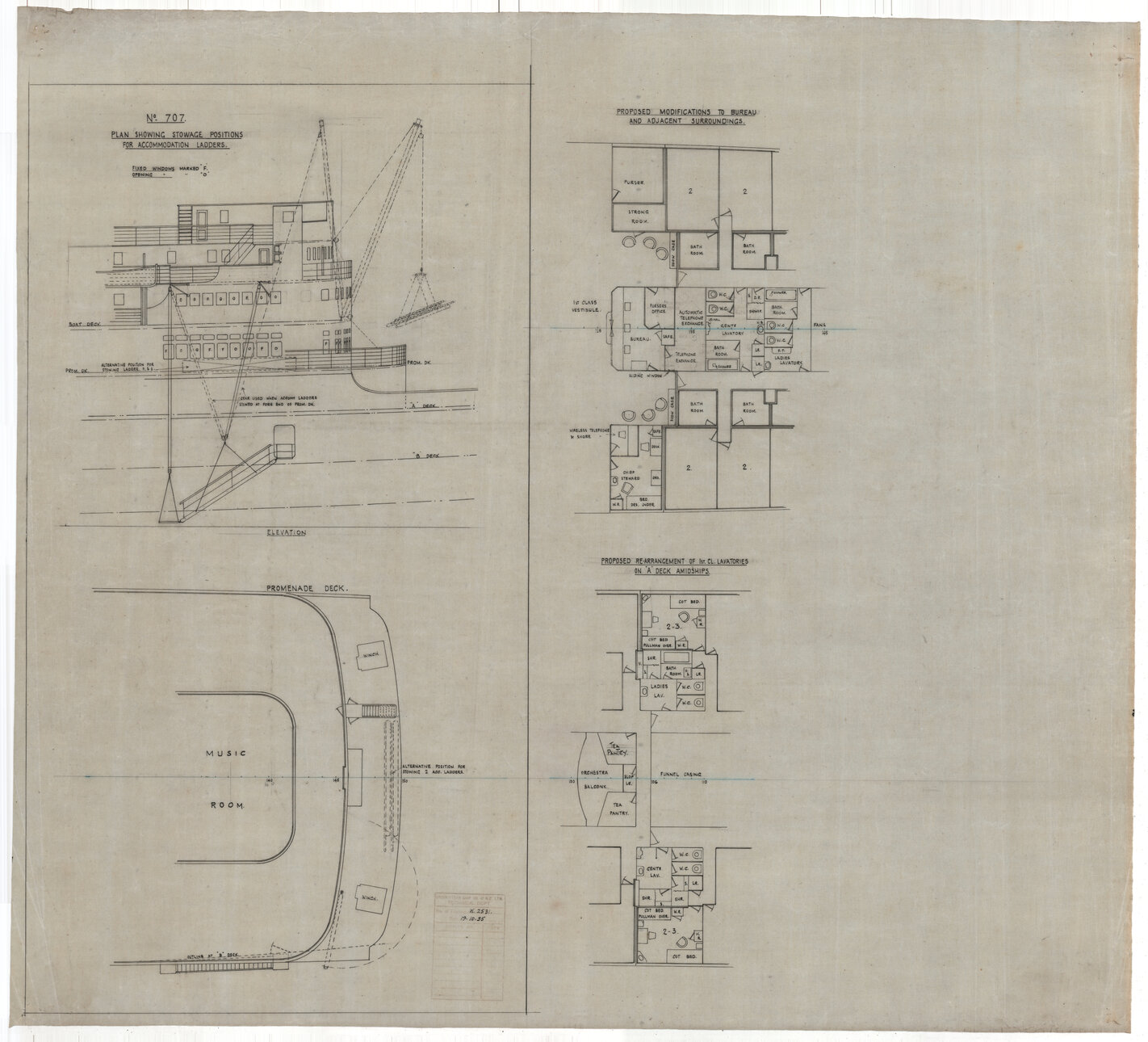 TSS Awatea, stowage positions for accomodation ladders, proposed modifications to bureau and adjacent surroundings, proposed re-arangement of 1st class lavatories on "A" deck amidships