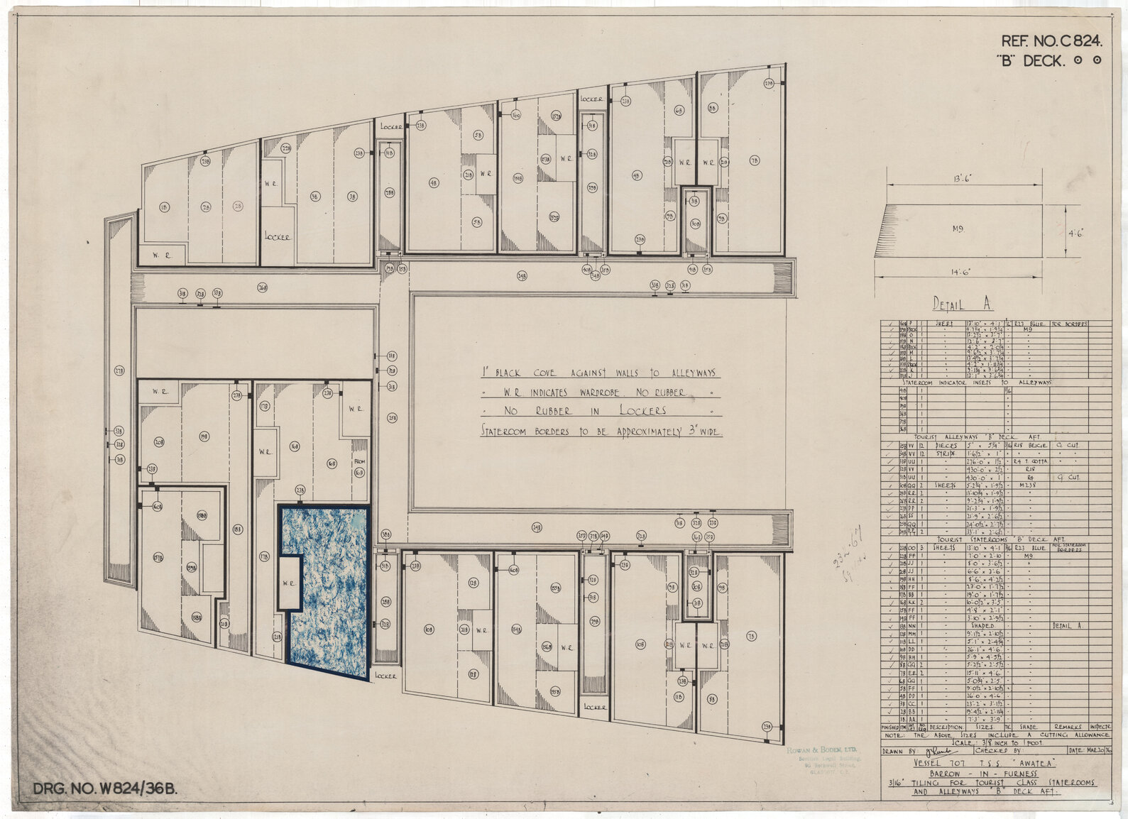 [TSS Awatea], tiling for tourist class staterooms and alleyways "B" deck aft